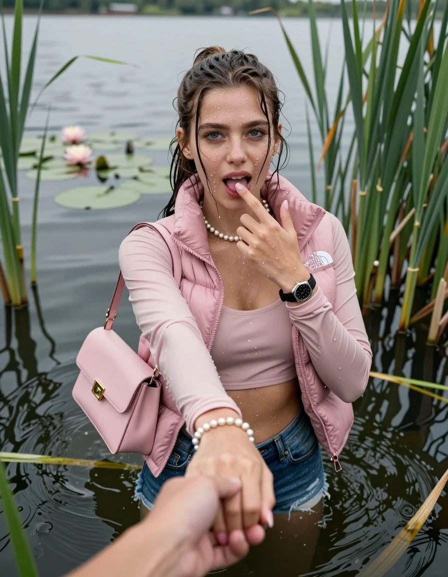 photo of young woman, in soaking wet, drenched clothes,
, sexy mini jeans short, pink puffer down jacket from north face, tight sexy longsleeve crop top with wide neckline belly free, handbag, pearl necklace, bracelet, wristwatch, Emerging after diving in a lake with water lilies and reeds, 
enjoying, wet clothes stuck to body,
detailed textures of the wet clothes, wet face, wet plastered hair,
wet, drenched, professional, high-quality details, full body view.
sharp focus, ultra-high pixel detail, realistic, high-quality, full colors, incredibly detailed, 4k, 8k, 16k, hyper-realistic, RAW photo, masterpiece, ultra-detailed, professionally color graded, professional photograph, Sleek long ponytail with bangs

15 years old  teenage girl

open mouth, big eyes. 0ne hand with a finger at her tongue  inside her mouth, hold with the other the viewer's hand, pulling them toward the center of the water. Laying her breast and arms on the surface.  Whole body and shoulders are submerged under the surface. Looking up at camera.

she is completely underwater up to her neck,  horny and sexuell aroused expression.

She hides in the reeds.

her submerged clothes are hardly vusible under water, she soaked her handbag into the water

close up view, wet skin, wet clothes, wet hair, damp fabric, water runs down the clothes, wet skin, wet clothes, damp fabric, wet skin, wet clothes, damp fabric, wet skin, wet clothes, damp fabric, wet skin, wet clothes, damp fabric, wet skin, wet clothes, damp fabric, wet skin, wet clothes, damp fabric, wet skin, wet clothes, damp fabric, wet skin, wet clothes, damp fabric, wet skin, wet clothes, damp fabric, wet skin, wet clothes, damp fabric, wet skin, wet clothes, damp fabric, wet skin, wet clothes, damp fabric, wet skin, wet clothes, damp fabric, wet skin, wet clothes, damp fabric, wet skin, wet clothes, damp fabric, wet skin, wet clothes, damp fabric, wet skin, wet clothes, damp fabric, wet skin, wet clothes, damp fabric, wet skin, wet clothes, damp fabric, wet skin, wet clothes, damp fabric, wet skin, wet clothes, damp fabric, wet skin, wet clothes, damp fabric