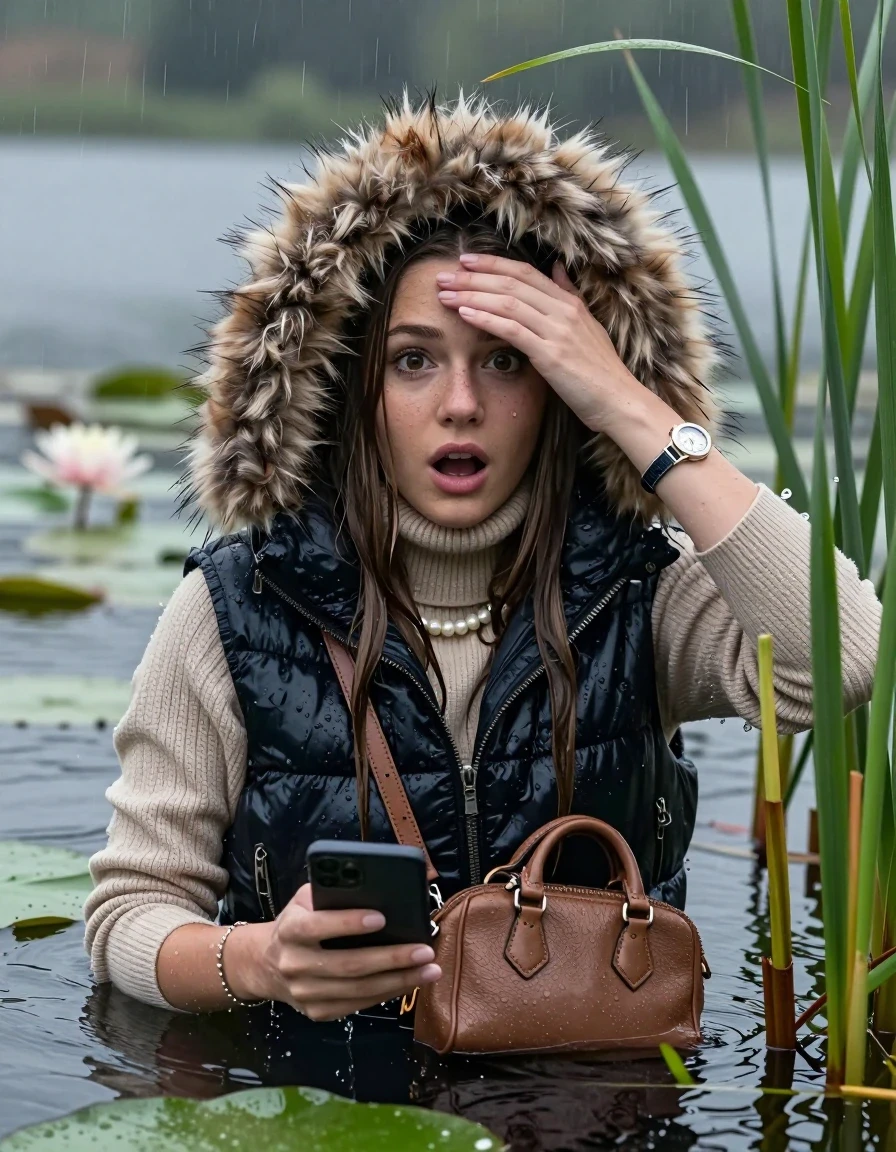 photo of young woman, in soaking wet, drenched clothes,
, , Moncler gilet with big fur hood,  knit turtleneck sweater, handbag, pearl necklace, bracelet, wristwatch , Emerging after diving in a lake with water lilies and reeds, rain , 
enjoying, wet clothes stuck to body,
detailed textures of the wet clothes, wet face, wet plastered hair,
wet, drenched, professional, high-quality details, full body view.
sharp focus, ultra-high pixel detail, realistic, high-quality, full colors, incredibly detailed, 4k, 8k, 16k, hyper-realistic, RAW photo, masterpiece, ultra-detailed, professionally color graded, professional photograph, Close-up. 
Sleek long straight hair 

19 years old  teenage girl

open mouth, big eyes, one hand on her forehead and in the other hand her smartphone. Laying her breast on the surface.  Looking at camera.

she is completely underwater up to her neck, afraid and astonished expression.

She hides in the reeds and is surprised by spectators

her submerged clothes are hardly vusible under water, she soaked her handbag into the water

close up view, wet skin, wet clothes, wet hair, damp fabric, water runs down the clothes, wet skin, wet clothes, damp fabric, wet skin, wet clothes, damp fabric, wet skin, wet clothes, damp fabric, wet skin, wet clothes, damp fabric, wet skin, wet clothes, damp fabric, wet skin, wet clothes, damp fabric, wet skin, wet clothes, damp fabric, wet skin, wet clothes, damp fabric, wet skin, wet clothes, damp fabric, wet skin, wet clothes, damp fabric, wet skin, wet clothes, damp fabric, wet skin, wet clothes, damp fabric, wet skin, wet clothes, damp fabric, wet skin, wet clothes, damp fabric, wet skin, wet clothes, damp fabric, wet skin, wet clothes, damp fabric, wet skin, wet clothes, damp fabric