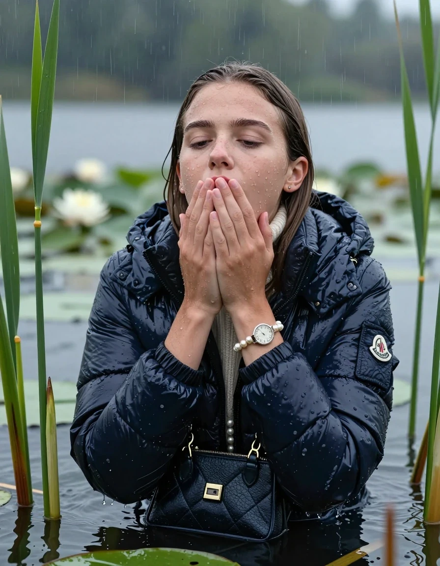 photo of young woman, in soaking wet, drenched clothes,
, , Moncler shiny Puffer down jacket,  knit turtleneck sweater, handbag, pearl necklace, bracelet, wristwatch , Emerging after diving in a lake with water lilies and reeds, rain , 
enjoying, wet clothes stuck to body,
detailed textures of the wet clothes, wet face, wet plastered hair,
wet, drenched, professional, high-quality details, full body view.
sharp focus, ultra-high pixel detail, realistic, high-quality, full colors, incredibly detailed, 4k, 8k, 16k, hyper-realistic, RAW photo, masterpiece, ultra-detailed, professionally color graded, professional photograph, Sleek long straight hair 

19 years old  teenage girl

open mouth, big eyes, hold her hands on her mouth.  Laying her breast on the surface.  Looking up. Closed eyes.

she is completely underwater up to her neck, horny  and sexuell aroused expression.

She hides in the reeds and is surprised by spectators

her submerged clothes are hardly vusible under water, she soaked her handbag into the water

close up view, wet skin, wet clothes, wet hair, damp fabric, water runs down the clothes, wet skin, wet clothes, damp fabric, wet skin, wet clothes, damp fabric, wet skin, wet clothes, damp fabric, wet skin, wet clothes, damp fabric, wet skin, wet clothes, damp fabric, wet skin, wet clothes, damp fabric, wet skin, wet clothes, damp fabric, wet skin, wet clothes, damp fabric, wet skin, wet clothes, damp fabric, wet skin, wet clothes, damp fabric, wet skin, wet clothes, damp fabric, wet skin, wet clothes, damp fabric, wet skin, wet clothes, damp fabric, wet skin, wet clothes, damp fabric, wet skin, wet clothes, damp fabric, wet skin, wet clothes, damp fabric, wet skin, wet clothes, damp fabric