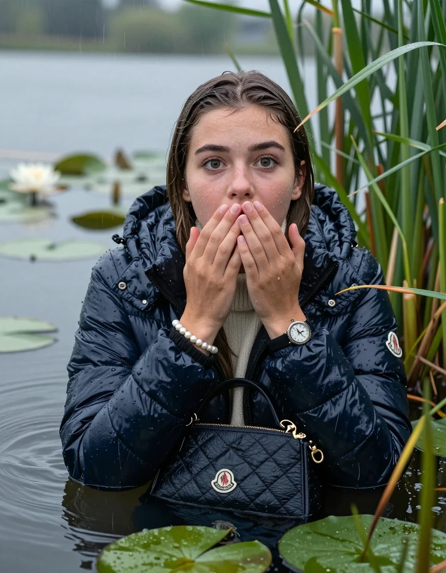 photo of young woman, in soaking wet, drenched clothes,
, , Moncler shiny Puffer down jacket,  knit turtleneck sweater, handbag, pearl necklace, bracelet, wristwatch , Emerging after diving in a lake with water lilies and reeds, rain , 
enjoying, wet clothes stuck to body,
detailed textures of the wet clothes, wet face, wet plastered hair,
wet, drenched, professional, high-quality details, full body view.
sharp focus, ultra-high pixel detail, realistic, high-quality, full colors, incredibly detailed, 4k, 8k, 16k, hyper-realistic, RAW photo, masterpiece, ultra-detailed, professionally color graded, professional photograph, Sleek long straight hair 

19 years old  teenage girl

open mouth, big eyes, hold one hand over her mouth, the other hand between her bouche .  Laying her breast on the surface.  Looking up at camera.

she is completely underwater up to her neck, afraid and astonished expression. 

She hides in the reeds and is surprised by spectators

her submerged clothes are hardly vusible under water, she soaked her handbag into the water

close up view, wet skin, wet clothes, wet hair, damp fabric, water runs down the clothes, wet skin, wet clothes, damp fabric, wet skin, wet clothes, damp fabric, wet skin, wet clothes, damp fabric, wet skin, wet clothes, damp fabric, wet skin, wet clothes, damp fabric, wet skin, wet clothes, damp fabric, wet skin, wet clothes, damp fabric, wet skin, wet clothes, damp fabric, wet skin, wet clothes, damp fabric, wet skin, wet clothes, damp fabric, wet skin, wet clothes, damp fabric, wet skin, wet clothes, damp fabric, wet skin, wet clothes, damp fabric, wet skin, wet clothes, damp fabric, wet skin, wet clothes, damp fabric, wet skin, wet clothes, damp fabric, wet skin, wet clothes, damp fabric