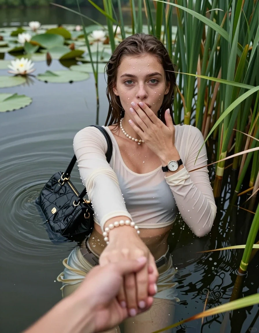 photo of young woman, in soaking wet, drenched clothes,
, , tight sexy longsleeve crop top with wide neckline belly free, handbag, pearl necklace, bracelet, wristwatch, Emerging after diving in a lake with water lilies and reeds, 
enjoying, wet clothes stuck to body,
detailed textures of the wet clothes, wet face, wet plastered hair,
wet, drenched, professional, high-quality details, full body view.
sharp focus, ultra-high pixel detail, realistic, high-quality, full colors, incredibly detailed, 4k, 8k, 16k, hyper-realistic, RAW photo, masterpiece, ultra-detailed, professionally color graded, professional photograph, Sleek long straight hair

15 years old  teenage girl

open mouth, big eyes. 0ne hand over her mouth, hold with the other the viewer's hand, pulling them toward the center of the water. Laying her breast and arms on the surface.  Whole body and shoulders are submerged under the surface. Looking up at camera.

she is completely underwater up to her neck,  horny and sexuell aroused expression.

She hides in the reeds.

her submerged clothes are hardly vusible under water, she soaked her handbag into the water

close up view, wet skin, wet clothes, wet hair, damp fabric, water runs down the clothes, wet skin, wet clothes, damp fabric, wet skin, wet clothes, damp fabric, wet skin, wet clothes, damp fabric, wet skin, wet clothes, damp fabric, wet skin, wet clothes, damp fabric, wet skin, wet clothes, damp fabric, wet skin, wet clothes, damp fabric, wet skin, wet clothes, damp fabric, wet skin, wet clothes, damp fabric, wet skin, wet clothes, damp fabric, wet skin, wet clothes, damp fabric, wet skin, wet clothes, damp fabric, wet skin, wet clothes, damp fabric, wet skin, wet clothes, damp fabric, wet skin, wet clothes, damp fabric, wet skin, wet clothes, damp fabric, wet skin, wet clothes, damp fabric, wet skin, wet clothes, damp fabric, wet skin, wet clothes, damp fabric, wet skin, wet clothes, damp fabric