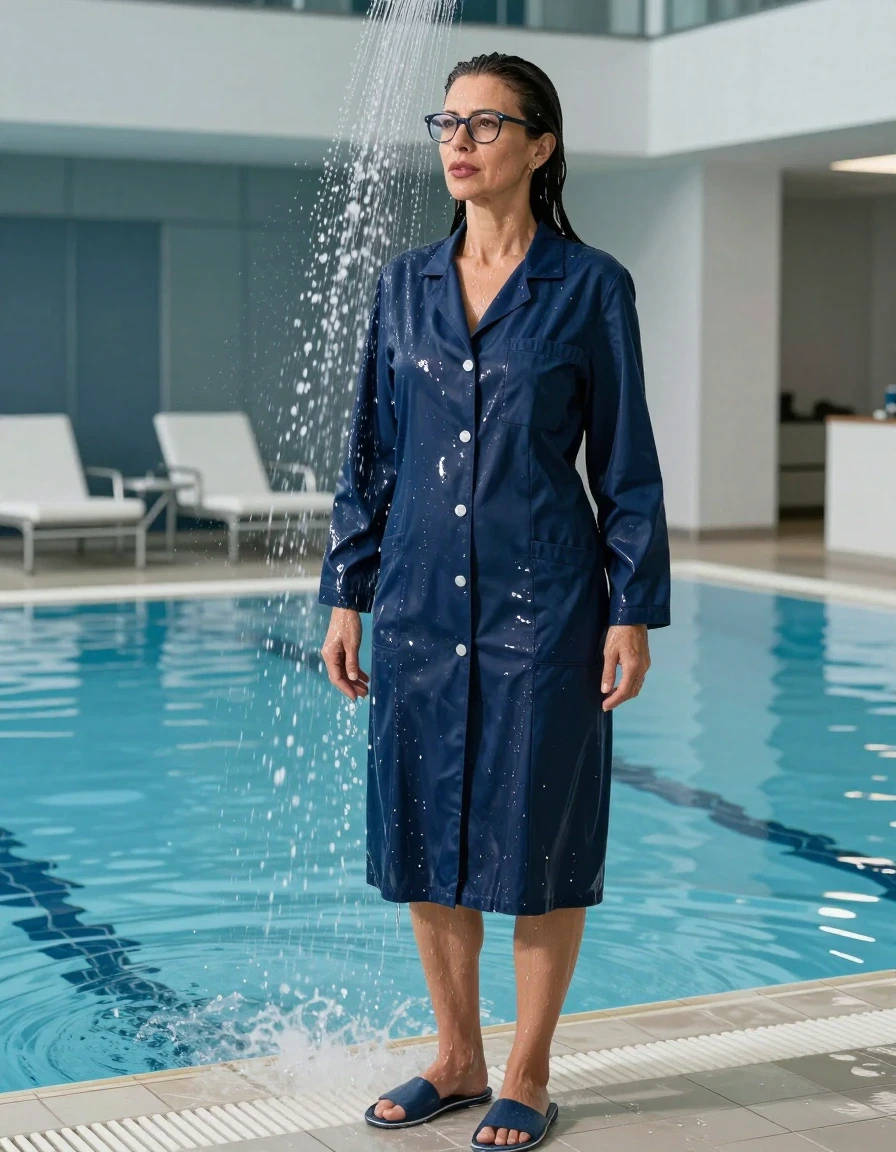 photo of young woman, in soaking wet, drenched clothes,
slippers, , maxi dark blue labcoat with long sleeves and cord, TAKING SHOWER, indoor swimming pool, enjoying wet clothes stuck body, 
enjoying, wet clothes stuck to body,
detailed textures of the wet clothes, wet face, wet plastered hair,
wet, drenched, professional, high-quality details, full body view.
sharp focus, ultra-high pixel detail, realistic, high-quality, full colors, incredibly detailed, 4k, 8k, 16k, hyper-realistic, RAW photo, masterpiece, ultra-detailed, professionally color graded, professional photograph, europen brunette skinny woman 50 years old, long dark black hair, very big and thick lips,  office glasses, complete body, wet skin, wet clothes, damp fabric, wet skin, wet clothes, damp fabric, wet skin, wet clothes, damp fabric, wet skin, wet clothes, damp fabric, wet skin, wet clothes, damp fabric