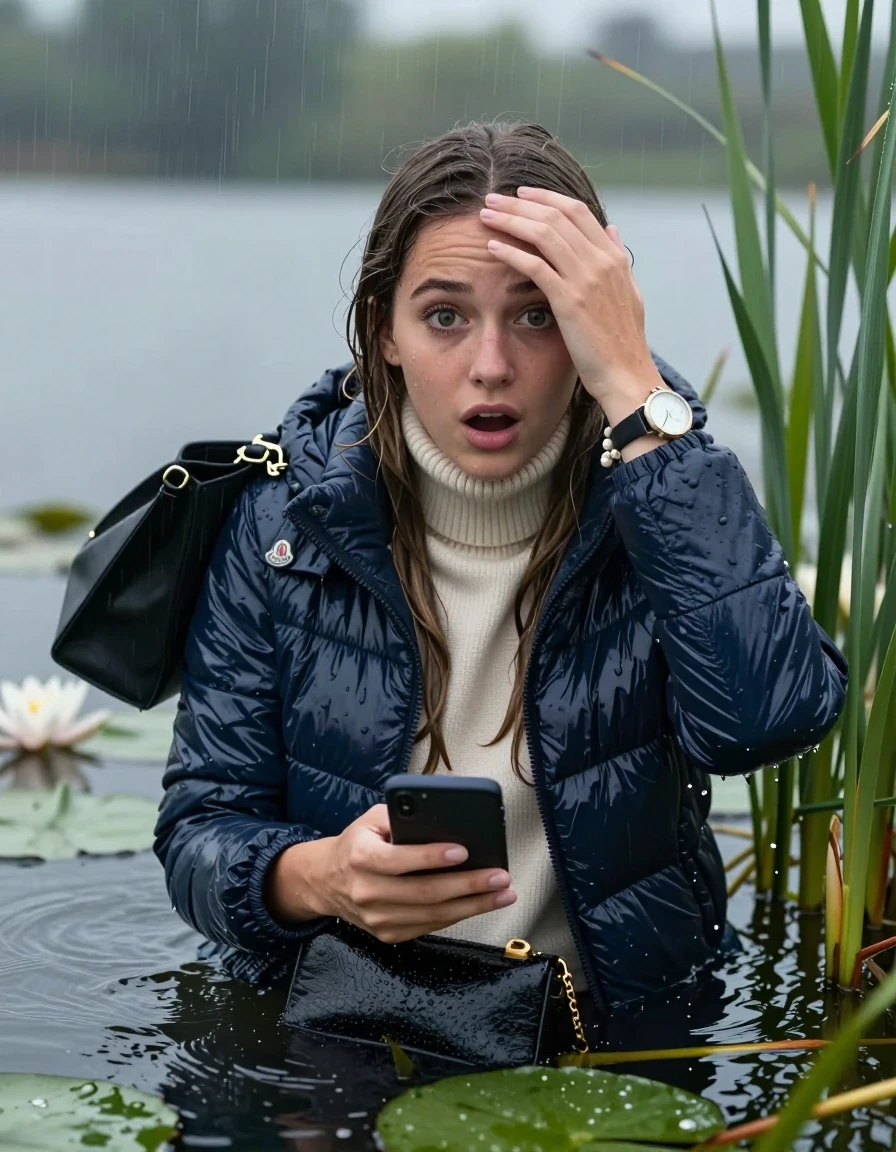 photo of young woman, in soaking wet, drenched clothes,
, , Moncler shiny Puffer down jacket,  knit turtelneck sweater, handbag, pearl necklace, bracelet, wristwatch , Emerging after diving in a lake with water lilies and reeds, rain , 
enjoying, wet clothes stuck to body,
detailed textures of the wet clothes, wet face, wet plastered hair,
wet, drenched, professional, high-quality details, full body view.
sharp focus, ultra-high pixel detail, realistic, high-quality, full colors, incredibly detailed, 4k, 8k, 16k, hyper-realistic, RAW photo, masterpiece, ultra-detailed, professionally color graded, professional photograph, Close-up. 
Sleek long straight hair 

19 years old  teenage girl

open mouth, big eyes, one hand on her forehead and in the other hand her smartphone. Laying her breast on the surface.  Looking at camera.

she is completely underwater up to her neck, afraid and astonished expression.

She hides in the reeds and is surprised by spectators

her submerged clothes are hardly vusible under water, she soaked her handbag into the water

close up view, wet skin, wet clothes, wet hair, damp fabric, water runs down the clothes, wet skin, wet clothes, damp fabric, wet skin, wet clothes, damp fabric, wet skin, wet clothes, damp fabric, wet skin, wet clothes, damp fabric, wet skin, wet clothes, damp fabric, wet skin, wet clothes, damp fabric, wet skin, wet clothes, damp fabric, wet skin, wet clothes, damp fabric, wet skin, wet clothes, damp fabric, wet skin, wet clothes, damp fabric, wet skin, wet clothes, damp fabric, wet skin, wet clothes, damp fabric, wet skin, wet clothes, damp fabric, wet skin, wet clothes, damp fabric, wet skin, wet clothes, damp fabric, wet skin, wet clothes, damp fabric, wet skin, wet clothes, damp fabric