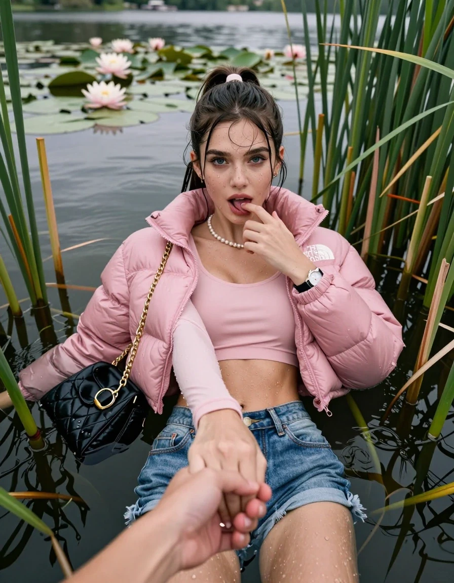 photo of young woman, in soaking wet, drenched clothes,
, sexy mini jeans short, pink puffer down jacket from north face, tight sexy longsleeve crop top with wide neckline belly free, handbag, pearl necklace, bracelet, wristwatch, Emerging after diving in a lake with water lilies and reeds, 
enjoying, wet clothes stuck to body,
detailed textures of the wet clothes, wet face, wet plastered hair,
wet, drenched, professional, high-quality details, full body view.
sharp focus, ultra-high pixel detail, realistic, high-quality, full colors, incredibly detailed, 4k, 8k, 16k, hyper-realistic, RAW photo, masterpiece, ultra-detailed, professionally color graded, professional photograph, Sleek long ponytail with bangs

15 years old  teenage girl

open mouth, big eyes. 0ne hand with a finger at her tongue  inside her mouth, hold with the other the viewer's hand, pulling them toward the center of the water. Laying her breast and arms on the surface.  Whole body and shoulders are submerged under the surface. Looking up at camera.

she is completely underwater up to her neck,  horny and sexuell aroused expression.

She hides in the reeds.

her submerged clothes are hardly vusible under water, she soaked her handbag into the water

close up view, wet skin, wet clothes, wet hair, damp fabric, water runs down the clothes, wet skin, wet clothes, damp fabric, wet skin, wet clothes, damp fabric, wet skin, wet clothes, damp fabric, wet skin, wet clothes, damp fabric, wet skin, wet clothes, damp fabric, wet skin, wet clothes, damp fabric, wet skin, wet clothes, damp fabric, wet skin, wet clothes, damp fabric, wet skin, wet clothes, damp fabric, wet skin, wet clothes, damp fabric, wet skin, wet clothes, damp fabric, wet skin, wet clothes, damp fabric, wet skin, wet clothes, damp fabric, wet skin, wet clothes, damp fabric, wet skin, wet clothes, damp fabric, wet skin, wet clothes, damp fabric, wet skin, wet clothes, damp fabric, wet skin, wet clothes, damp fabric, wet skin, wet clothes, damp fabric, wet skin, wet clothes, damp fabric, wet skin, wet clothes, damp fabric, wet skin, wet clothes, damp fabric, wet skin, wet clothes, damp fabric