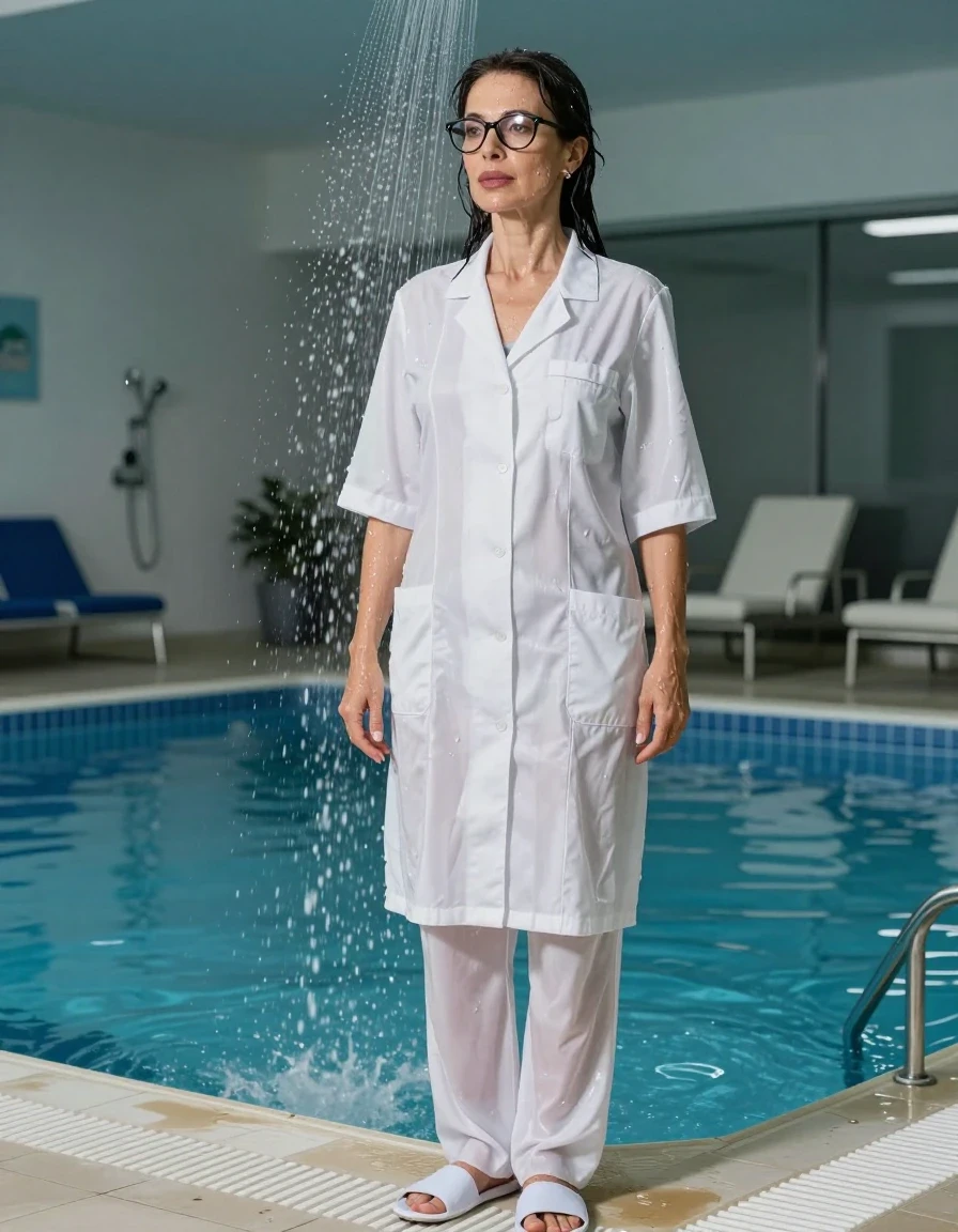 photo of young woman, in soaking wet, drenched clothes,
slippers, long white labtrousers, maxi white labcoat with short sleeves, TAKING SHOWER, indoor swimming pool, enjoying wet clothes stuck body, 
enjoying, wet clothes stuck to body,
detailed textures of the wet clothes, wet face, wet plastered hair,
wet, drenched, professional, high-quality details, full body view.
sharp focus, ultra-high pixel detail, realistic, high-quality, full colors, incredibly detailed, 4k, 8k, 16k, hyper-realistic, RAW photo, masterpiece, ultra-detailed, professionally color graded, professional photograph, europen brunette skinny woman 50 years old, long dark black hair, very big and thick lips,  office glasses, complete body, wet skin, wet clothes, damp fabric, wet skin, wet clothes, damp fabric, wet skin, wet clothes, damp fabric, wet skin, wet clothes, damp fabric, wet skin, wet clothes, damp fabric