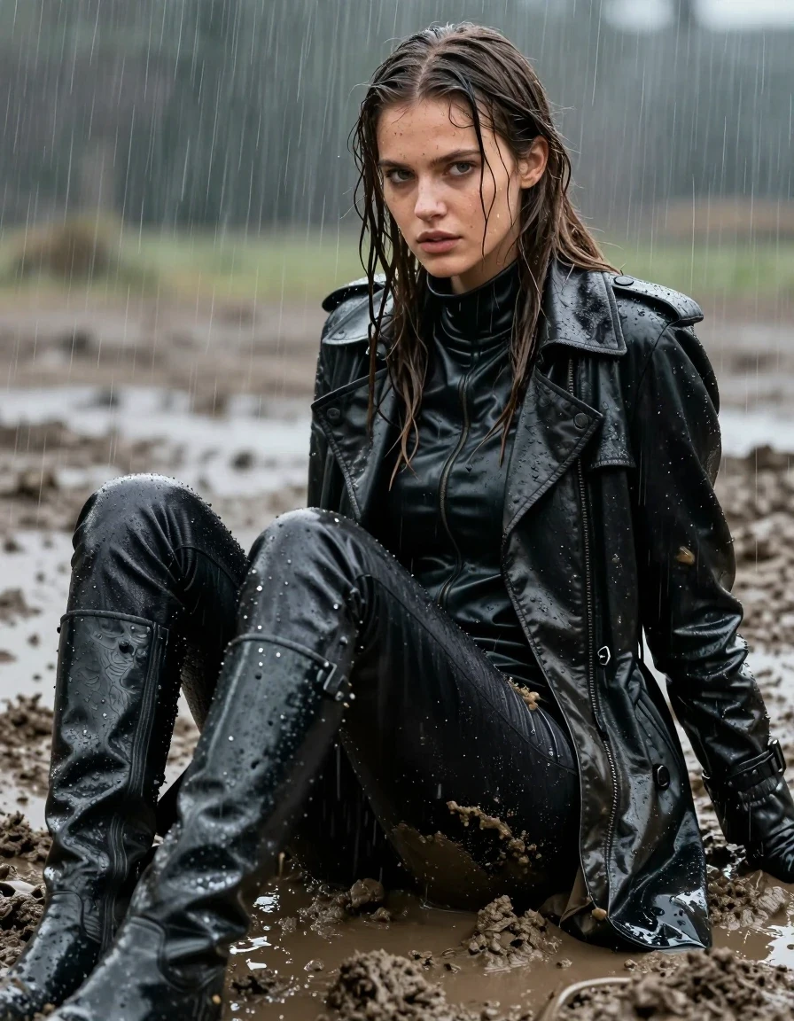 A photorealistic medium shot of a young adult European woman with long, dripping wet brown hair, sitting in a mud pit during a heavy downpour. She is wearing a black leather polar neck shirt, a black leather trench coat, black leather gloves, and black leather knee-high boots. Her legs are clad in black leather jeans that are heavily soaked, clinging to her skin with visible wet texture, deep dark tones, and prominent glossy specular reflections on the creases and seams. She is covered in thick, dark mud that coats her skin and clothes, mixing with the heavy rain. The scene is captured with intense realism, highlighting the heavy wet folds of the leather, the slick sheen of her wet skin, and the damp, heavy texture of the mud-caked fabric. The lighting is moody and overcast, emphasizing the water streaming down her face and hair. High-resolution photography, cinematic composition, sharp focus on the textures of wet leather and mud, no nudity, clean and realistic anatomy.