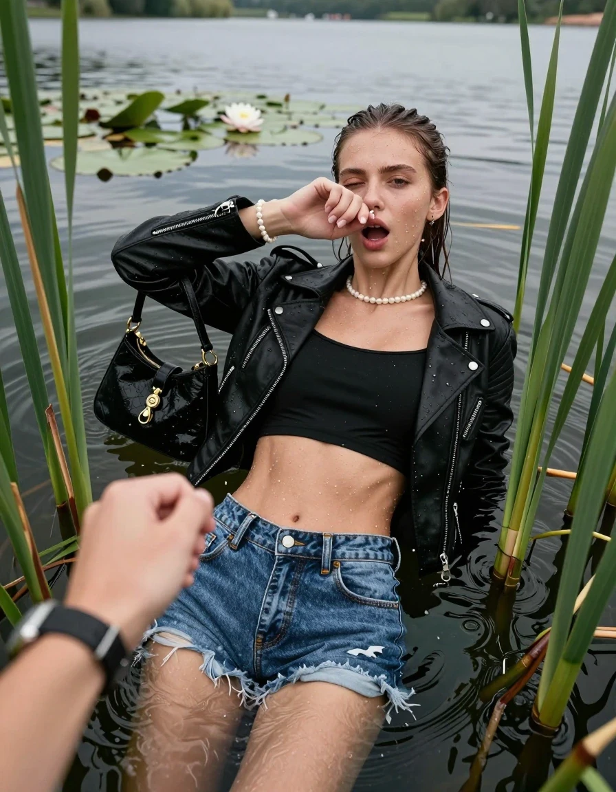 photo of young woman, in soaking wet, drenched clothes,
, sexy mini jeans short, black biker leatherjacket, tight sexy longsleeve crop top with wide neckline belly free, handbag, pearl necklace, bracelet, wristwatch, Emerging after diving in a lake with water lilies and reeds, 
enjoying, wet clothes stuck to body,
detailed textures of the wet clothes, wet face, wet plastered hair,
wet, drenched, professional, high-quality details, full body view.
sharp focus, ultra-high pixel detail, realistic, high-quality, full colors, incredibly detailed, 4k, 8k, 16k, hyper-realistic, RAW photo, masterpiece, ultra-detailed, professionally color graded, professional photograph, Sleek long ponytail with bangs

15 years old  teenage girl

open mouth, big eyes. 0ne hand over her nose, hold with the other the female viewer's hand, pulling them toward the center of the water. Laying her breast and arms on the surface.  Whole body and shoulders are submerged under the surface. Looking up at camera. open mouth , closed eyes

she is completely underwater up to her neck,  horny and sexuell aroused expression.

She hides in the reeds.

her submerged clothes are hardly vusible under water, she soaked her handbag into the water

close up view, wet skin, wet clothes, wet hair, damp fabric, water runs down the clothes, wet skin, wet clothes, damp fabric, wet skin, wet clothes, damp fabric, wet skin, wet clothes, damp fabric, wet skin, wet clothes, damp fabric, wet skin, wet clothes, damp fabric, wet skin, wet clothes, damp fabric, wet skin, wet clothes, damp fabric, wet skin, wet clothes, damp fabric, wet skin, wet clothes, damp fabric, wet skin, wet clothes, damp fabric, wet skin, wet clothes, damp fabric, wet skin, wet clothes, damp fabric, wet skin, wet clothes, damp fabric, wet skin, wet clothes, damp fabric, wet skin, wet clothes, damp fabric, wet skin, wet clothes, damp fabric, wet skin, wet clothes, damp fabric, wet skin, wet clothes, damp fabric, wet skin, wet clothes, damp fabric, wet skin, wet clothes, damp fabric, wet skin, wet clothes, damp fabric, wet skin, wet clothes, damp fabric