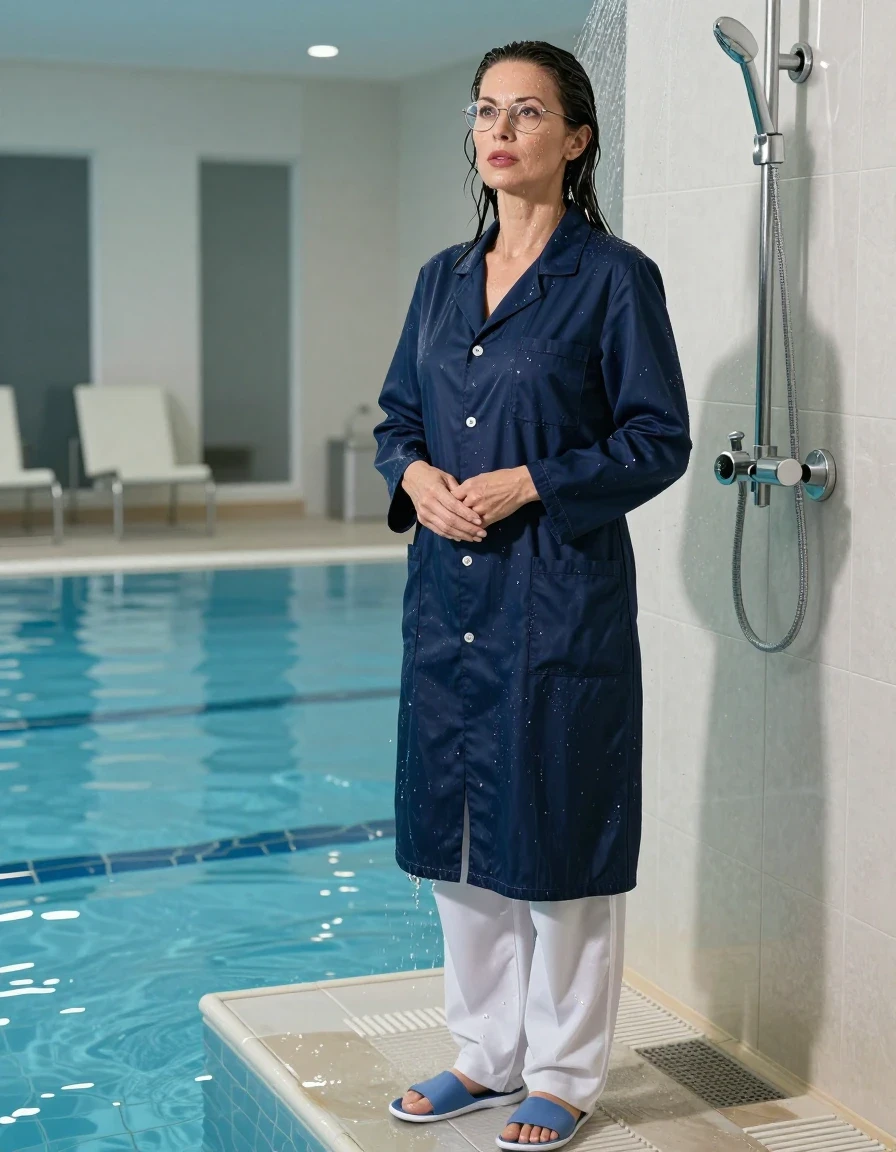 photo of young woman, in soaking wet, drenched clothes,
slippers, long dark white labtrousers, maxi dark blue labcoat with long sleeves, TAKING SHOWER, indoor swimming pool, enjoying wet clothes stuck body, 
enjoying, wet clothes stuck to body,
detailed textures of the wet clothes, wet face, wet plastered hair,
wet, drenched, professional, high-quality details, full body view.
sharp focus, ultra-high pixel detail, realistic, high-quality, full colors, incredibly detailed, 4k, 8k, 16k, hyper-realistic, RAW photo, masterpiece, ultra-detailed, professionally color graded, professional photograph, europen brunette skinny woman 50 years old, long dark black hair, very big and thick lips,  office glasses, complete body, wet skin, wet clothes, damp fabric, wet skin, wet clothes, damp fabric, wet skin, wet clothes, damp fabric, wet skin, wet clothes, damp fabric, wet skin, wet clothes, damp fabric