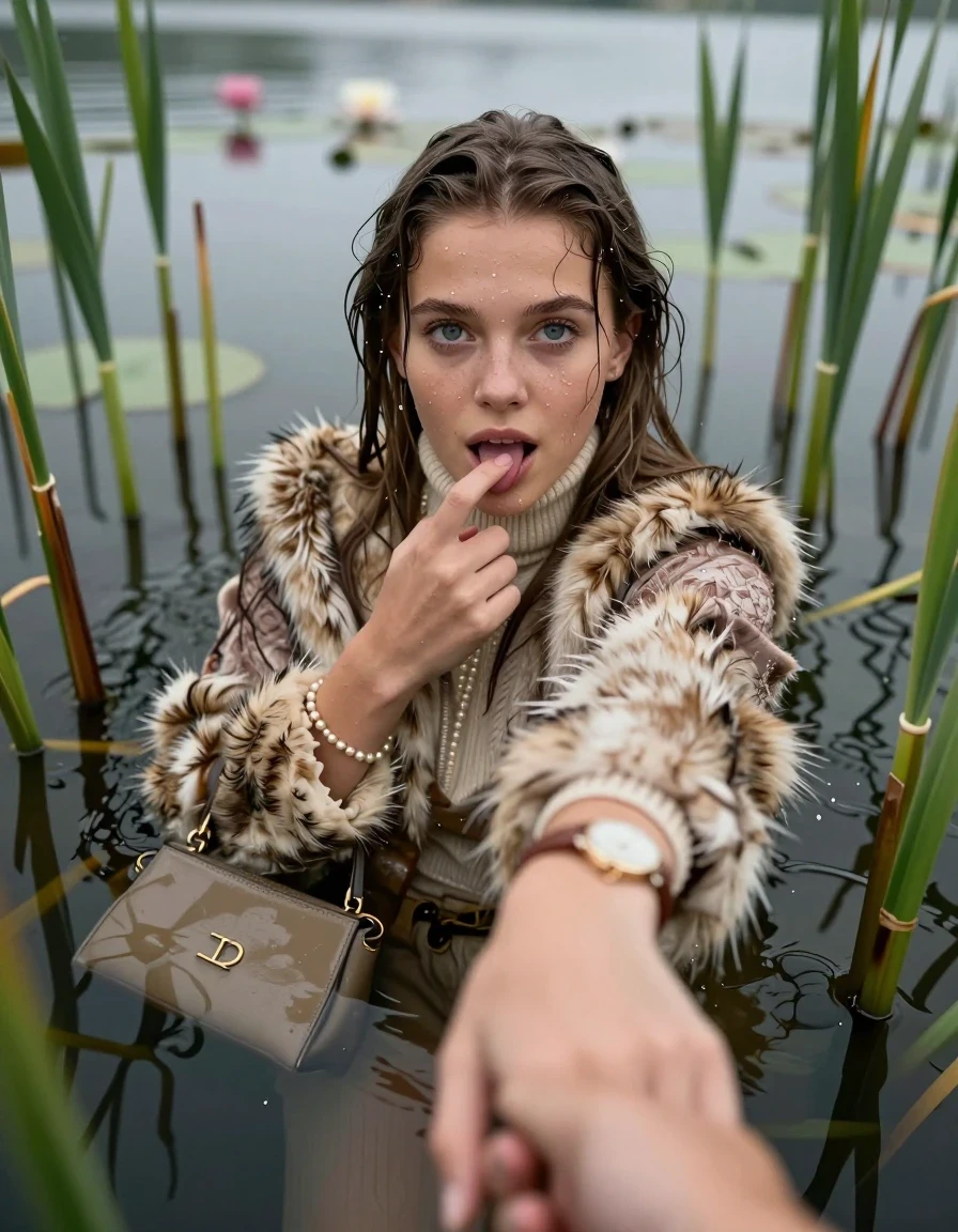photo of young woman, in soaking wet, drenched clothes,
, ,  fur coat,  knit turtleneck sweater, handbag, pearl necklace, bracelet, wristwatch, Emerging after diving in a lake with water lilies and reeds, 
enjoying, wet clothes stuck to body,
detailed textures of the wet clothes, wet face, wet plastered hair,
wet, drenched, professional, high-quality details, full body view.
sharp focus, ultra-high pixel detail, realistic, high-quality, full colors, incredibly detailed, 4k, 8k, 16k, hyper-realistic, RAW photo, masterpiece, ultra-detailed, professionally color graded, professional photograph, Sleek long straight hair

15 years old  teenage girl

open mouth, big eyes. 0ne hand with a finger at her tongue  inside her mouth, hold with the other the viewer's hand, pulling them toward the center of the water. Laying her breast and arms on the surface.  Whole body and shoulders are submerged under the surface. Looking up at camera.

she is completely underwater up to her neck,  horny and sexuell aroused expression.

She hides in the reeds.

her submerged clothes are hardly vusible under water, she soaked her handbag into the water

close up view, wet skin, wet clothes, wet hair, damp fabric, water runs down the clothes, wet skin, wet clothes, damp fabric, wet skin, wet clothes, damp fabric, wet skin, wet clothes, damp fabric, wet skin, wet clothes, damp fabric, wet skin, wet clothes, damp fabric, wet skin, wet clothes, damp fabric, wet skin, wet clothes, damp fabric, wet skin, wet clothes, damp fabric, wet skin, wet clothes, damp fabric, wet skin, wet clothes, damp fabric, wet skin, wet clothes, damp fabric, wet skin, wet clothes, damp fabric, wet skin, wet clothes, damp fabric, wet skin, wet clothes, damp fabric, wet skin, wet clothes, damp fabric, wet skin, wet clothes, damp fabric, wet skin, wet clothes, damp fabric, wet skin, wet clothes, damp fabric, wet skin, wet clothes, damp fabric