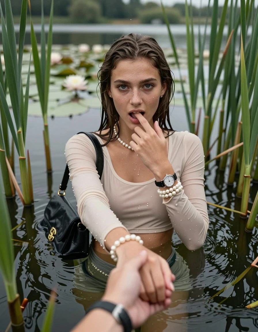 photo of young woman, in soaking wet, drenched clothes,
, , tight sexy longsleeve crop top with wide neckline belly free, handbag, pearl necklace, bracelet, wristwatch, Emerging after diving in a lake with water lilies and reeds, 
enjoying, wet clothes stuck to body,
detailed textures of the wet clothes, wet face, wet plastered hair,
wet, drenched, professional, high-quality details, full body view.
sharp focus, ultra-high pixel detail, realistic, high-quality, full colors, incredibly detailed, 4k, 8k, 16k, hyper-realistic, RAW photo, masterpiece, ultra-detailed, professionally color graded, professional photograph, Sleek long straight hair

15 years old  teenage girl

open mouth, big eyes. 0ne hand with a finger at her tongue  inside her mouth, hold with the other the viewer's hand, pulling them toward the center of the water. Laying her breast and arms on the surface.  Whole body and shoulders are submerged under the surface. Looking up at camera.

she is completely underwater up to her neck,  horny and sexuell aroused expression.

She hides in the reeds.

her submerged clothes are hardly vusible under water, she soaked her handbag into the water

close up view, wet skin, wet clothes, wet hair, damp fabric, water runs down the clothes, wet skin, wet clothes, damp fabric, wet skin, wet clothes, damp fabric, wet skin, wet clothes, damp fabric, wet skin, wet clothes, damp fabric, wet skin, wet clothes, damp fabric, wet skin, wet clothes, damp fabric, wet skin, wet clothes, damp fabric, wet skin, wet clothes, damp fabric, wet skin, wet clothes, damp fabric, wet skin, wet clothes, damp fabric, wet skin, wet clothes, damp fabric, wet skin, wet clothes, damp fabric, wet skin, wet clothes, damp fabric, wet skin, wet clothes, damp fabric, wet skin, wet clothes, damp fabric, wet skin, wet clothes, damp fabric, wet skin, wet clothes, damp fabric, wet skin, wet clothes, damp fabric, wet skin, wet clothes, damp fabric, wet skin, wet clothes, damp fabric