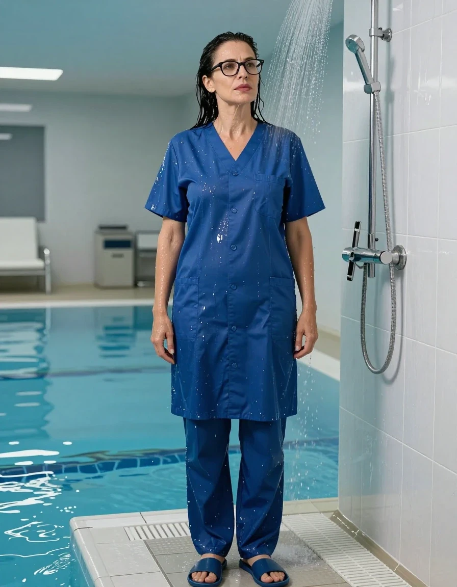 photo of young woman, in soaking wet, drenched clothes,
slippers, long dark blue labtrousers, maxi blue labcoat with short sleeves, TAKING SHOWER, indoor swimming pool, enjoying wet clothes stuck body, 
enjoying, wet clothes stuck to body,
detailed textures of the wet clothes, wet face, wet plastered hair,
wet, drenched, professional, high-quality details, full body view.
sharp focus, ultra-high pixel detail, realistic, high-quality, full colors, incredibly detailed, 4k, 8k, 16k, hyper-realistic, RAW photo, masterpiece, ultra-detailed, professionally color graded, professional photograph, europen brunette skinny woman 50 years old, long dark black hair, very big and thick lips,  office glasses, complete body, wet skin, wet clothes, damp fabric, wet skin, wet clothes, damp fabric, wet skin, wet clothes, damp fabric, wet skin, wet clothes, damp fabric, wet skin, wet clothes, damp fabric