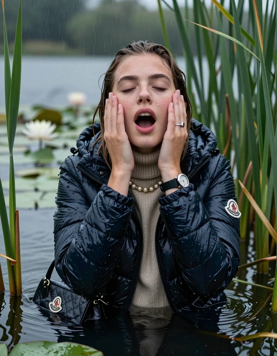 photo of young woman, in soaking wet, drenched clothes,
, , Moncler shiny Puffer down jacket,  knit turtleneck sweater, handbag, pearl necklace, bracelet, wristwatch , Emerging after diving in a lake with water lilies and reeds, rain , 
enjoying, wet clothes stuck to body,
detailed textures of the wet clothes, wet face, wet plastered hair,
wet, drenched, professional, high-quality details, full body view.
sharp focus, ultra-high pixel detail, realistic, high-quality, full colors, incredibly detailed, 4k, 8k, 16k, hyper-realistic, RAW photo, masterpiece, ultra-detailed, professionally color graded, professional photograph, Sleek long straight hair 

19 years old  teenage girl

open mouth, big eyes, hold her hands on her face.  Laying her breast on the surface.  Looking up. Closed eyes.

she is completely underwater up to her neck, horny  and sexuell aroused expression.

She hides in the reeds and is surprised by spectators

her submerged clothes are hardly vusible under water, she soaked her handbag into the water

close up view, wet skin, wet clothes, wet hair, damp fabric, water runs down the clothes, wet skin, wet clothes, damp fabric, wet skin, wet clothes, damp fabric, wet skin, wet clothes, damp fabric, wet skin, wet clothes, damp fabric, wet skin, wet clothes, damp fabric, wet skin, wet clothes, damp fabric, wet skin, wet clothes, damp fabric, wet skin, wet clothes, damp fabric, wet skin, wet clothes, damp fabric, wet skin, wet clothes, damp fabric, wet skin, wet clothes, damp fabric, wet skin, wet clothes, damp fabric, wet skin, wet clothes, damp fabric, wet skin, wet clothes, damp fabric, wet skin, wet clothes, damp fabric, wet skin, wet clothes, damp fabric, wet skin, wet clothes, damp fabric