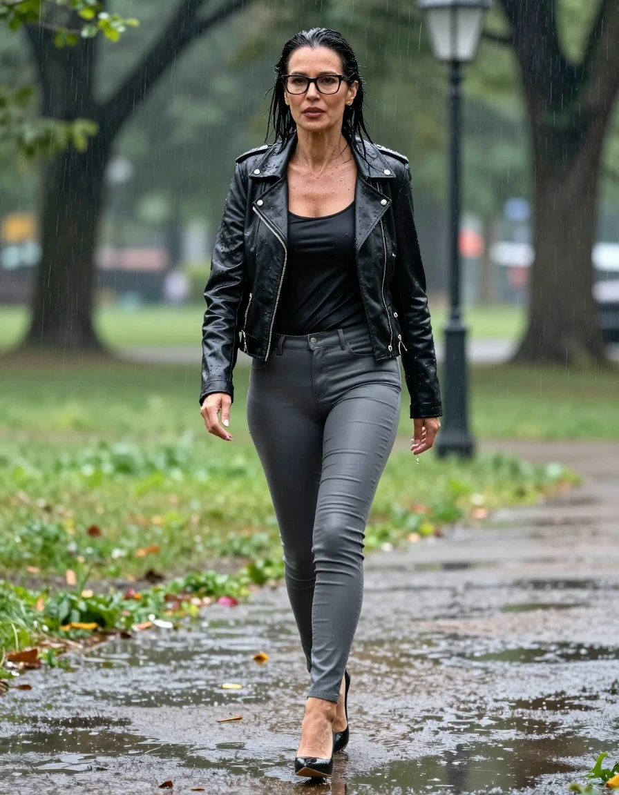 photo of young woman, in soaking wet, drenched clothes,
high-heeled shoes, long gray tight leaher jeans, black satin top, black leather byker jacket, walking in sunny park under hard rain, 
enjoying, wet clothes stuck to body,
detailed textures of the wet clothes, wet face, wet plastered hair,
wet, drenched, professional, high-quality details, full body view.
sharp focus, ultra-high pixel detail, realistic, high-quality, full colors, incredibly detailed, 4k, 8k, 16k, hyper-realistic, RAW photo, masterpiece, ultra-detailed, professionally color graded, professional photograph, europen brunette skinny woman 50 years old, long dark black hair, very big and thick lips,  office glasses, complete body, wet skin, wet clothes, damp fabric, wet skin, wet clothes, damp fabric, wet skin, wet clothes, damp fabric, wet skin, wet clothes, damp fabric, wet skin, wet clothes, damp fabric