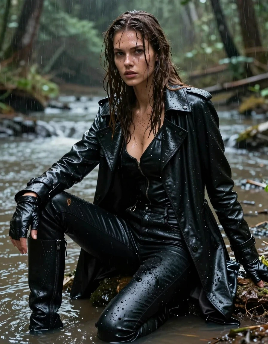 A hyper-realistic full-body shot of a young adult European woman with long, matted, dripping wet brown hair, her skin glistening with water and smeared with streaks of dark forest mud. She is wearing a black leather polar neck shirt, a long black leather trench coat, black leather jeans, and black leather knee-high boots, with leather gloves on both hands. All leather garments are heavily drenched, showing deep saturation, water sheen, and heavy clinging folds. She is sitting in a shallow river in a dense forest during a torrential rainstorm. The fabric of her clothes is soaked through, heavy with water, and clinging to her form. Her skin and clothing are covered in splatters of mud from the surrounding muddy forest floor. The lighting is moody and overcast, highlighting the glossy specular reflections on the wet leather and the water cascading off her hair and body. 8k resolution, cinematic lighting, highly detailed textures, sharp focus on the wet fabric surfaces.