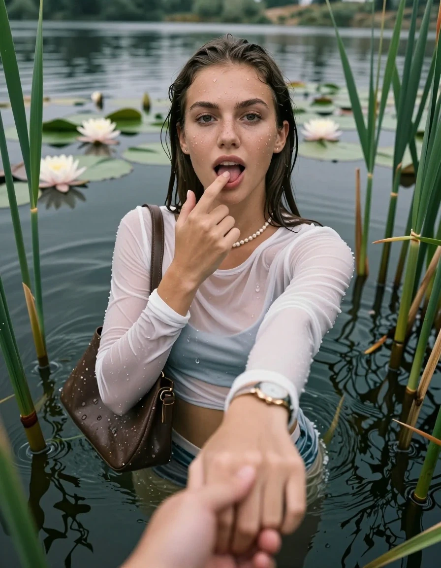 photo of young woman, in soaking wet, drenched clothes,
, , tight sexy longsleeve tshirt with wide neckline belly free, handbag, pearl necklace, bracelet, wristwatch, Emerging after diving in a lake with water lilies and reeds, 
enjoying, wet clothes stuck to body,
detailed textures of the wet clothes, wet face, wet plastered hair,
wet, drenched, professional, high-quality details, full body view.
sharp focus, ultra-high pixel detail, realistic, high-quality, full colors, incredibly detailed, 4k, 8k, 16k, hyper-realistic, RAW photo, masterpiece, ultra-detailed, professionally color graded, professional photograph, Sleek long straight hair

15 years old  teenage girl

open mouth, big eyes. 0ne hand with a finger at her tongue  inside her mouth, hold with the other the viewer's hand, pulling them toward the center of the water. Laying her breast and arms on the surface.  Whole body and shoulders are submerged under the surface. Looking up at camera.

she is completely underwater up to her neck,  horny and sexuell aroused expression.

She hides in the reeds.

her submerged clothes are hardly vusible under water, she soaked her handbag into the water

close up view, wet skin, wet clothes, wet hair, damp fabric, water runs down the clothes, wet skin, wet clothes, damp fabric, wet skin, wet clothes, damp fabric, wet skin, wet clothes, damp fabric, wet skin, wet clothes, damp fabric, wet skin, wet clothes, damp fabric, wet skin, wet clothes, damp fabric, wet skin, wet clothes, damp fabric, wet skin, wet clothes, damp fabric, wet skin, wet clothes, damp fabric, wet skin, wet clothes, damp fabric, wet skin, wet clothes, damp fabric, wet skin, wet clothes, damp fabric, wet skin, wet clothes, damp fabric, wet skin, wet clothes, damp fabric, wet skin, wet clothes, damp fabric, wet skin, wet clothes, damp fabric, wet skin, wet clothes, damp fabric, wet skin, wet clothes, damp fabric, wet skin, wet clothes, damp fabric, wet skin, wet clothes, damp fabric
