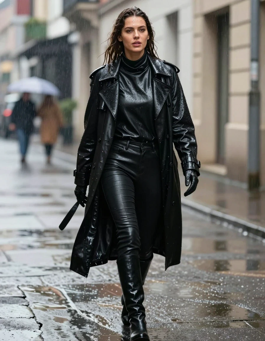 photo of young woman, in soaking wet, drenched clothes,
black leather knee-high boots, black leather jeans, oversize black leather polar neck shirt, leather gloves on both hands, black leather trench coat, walking in heavy rain, drenched in water, 
enjoying, wet clothes stuck to body,
detailed textures of the wet clothes, wet face, wet plastered hair,
wet, drenched, professional, high-quality details, full body view.
sharp focus, ultra-high pixel detail, realistic, high-quality, full colors, incredibly detailed, 4k, 8k, 16k, hyper-realistic, RAW photo, masterpiece, ultra-detailed, professionally color graded, professional photograph, white woman, long dripping wet brown hair,, wet skin, wet clothes, damp fabric, wet skin, wet clothes, damp fabric