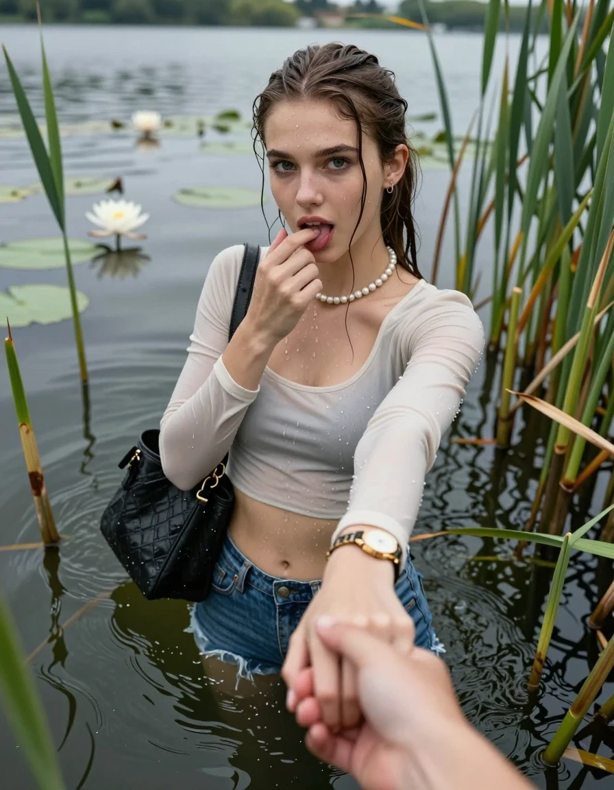 photo of young woman, in soaking wet, drenched clothes,
, sexy mini jeans short, winter parka, tight sexy longsleeve crop top with wide neckline belly free, handbag, pearl necklace, bracelet, wristwatch, Emerging after diving in a lake with water lilies and reeds, 
enjoying, wet clothes stuck to body,
detailed textures of the wet clothes, wet face, wet plastered hair,
wet, drenched, professional, high-quality details, full body view.
sharp focus, ultra-high pixel detail, realistic, high-quality, full colors, incredibly detailed, 4k, 8k, 16k, hyper-realistic, RAW photo, masterpiece, ultra-detailed, professionally color graded, professional photograph, Sleek long ponytail with bangs

15 years old  teenage girl

open mouth, big eyes. 0ne hand with a finger at her tongue  inside her mouth, hold with the other the viewer's hand, pulling them toward the center of the water. Laying her breast and arms on the surface.  Whole body and shoulders are submerged under the surface. Looking up at camera.

she is completely underwater up to her neck,  horny and sexuell aroused expression.

She hides in the reeds.

her submerged clothes are hardly vusible under water, she soaked her handbag into the water

close up view, wet skin, wet clothes, wet hair, damp fabric, water runs down the clothes, wet skin, wet clothes, damp fabric, wet skin, wet clothes, damp fabric, wet skin, wet clothes, damp fabric, wet skin, wet clothes, damp fabric, wet skin, wet clothes, damp fabric, wet skin, wet clothes, damp fabric, wet skin, wet clothes, damp fabric, wet skin, wet clothes, damp fabric, wet skin, wet clothes, damp fabric, wet skin, wet clothes, damp fabric, wet skin, wet clothes, damp fabric, wet skin, wet clothes, damp fabric, wet skin, wet clothes, damp fabric, wet skin, wet clothes, damp fabric, wet skin, wet clothes, damp fabric, wet skin, wet clothes, damp fabric, wet skin, wet clothes, damp fabric, wet skin, wet clothes, damp fabric, wet skin, wet clothes, damp fabric, wet skin, wet clothes, damp fabric, wet skin, wet clothes, damp fabric, wet skin, wet clothes, damp fabric