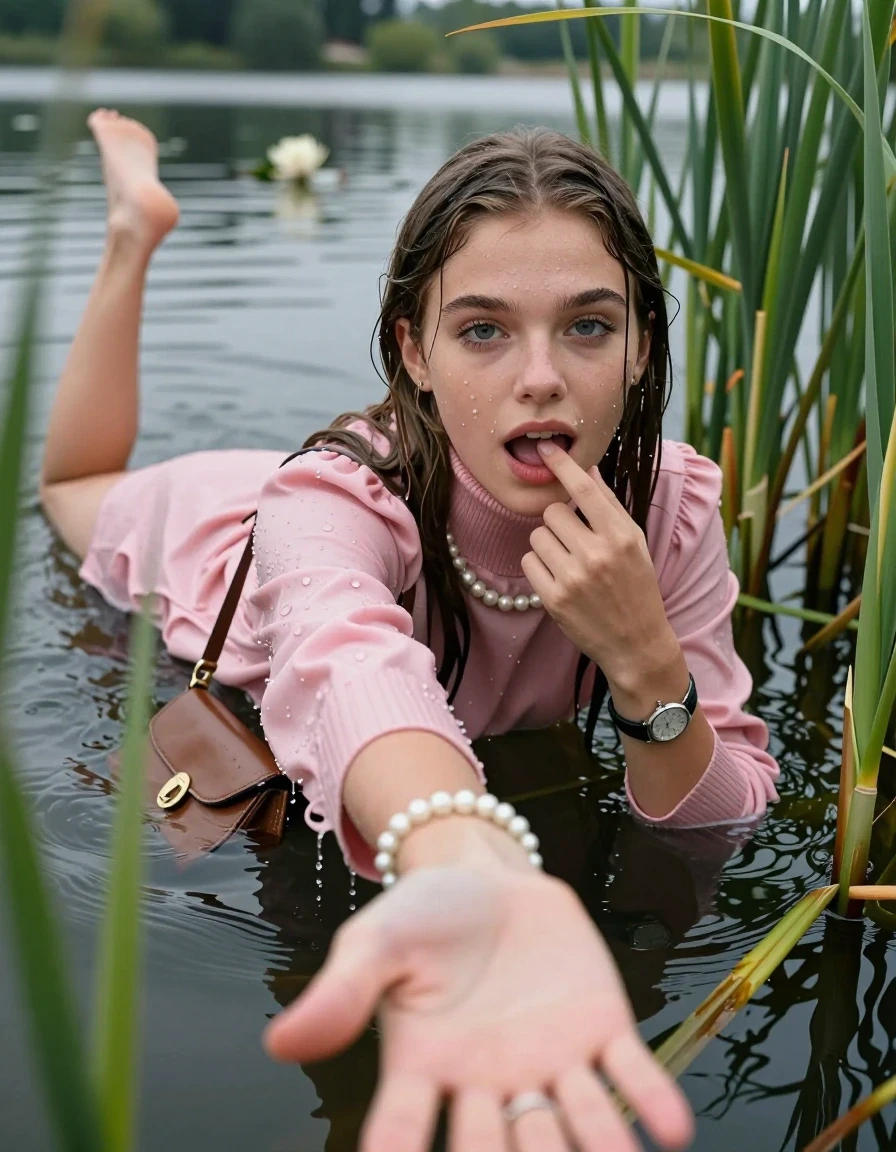 photo of young woman, in soaking wet, drenched clothes,
, ,  pink coat,  knit turtleneck sweater, handbag, pearl necklace, bracelet, wristwatch, Emerging after diving in a lake with water lilies and reeds, 
enjoying, wet clothes stuck to body,
detailed textures of the wet clothes, wet face, wet plastered hair,
wet, drenched, professional, high-quality details, full body view.
sharp focus, ultra-high pixel detail, realistic, high-quality, full colors, incredibly detailed, 4k, 8k, 16k, hyper-realistic, RAW photo, masterpiece, ultra-detailed, professionally color graded, professional photograph, Sleek long straight hair

15 years old  teenage girl

open mouth, big eyes. 0ne hand with a finger at her tongue  inside her mouth, hold with the other the viewer's hand, pulling them toward the center of the water. Laying her breast and arms on the surface.  Whole body and shoulders are submerged under the surface. Looking up at camera.

she is completely underwater up to her neck,  horny and sexuell aroused expression.

She hides in the reeds.

her submerged clothes are hardly vusible under water, she soaked her handbag into the water

close up view, wet skin, wet clothes, wet hair, damp fabric, water runs down the clothes, wet skin, wet clothes, damp fabric, wet skin, wet clothes, damp fabric, wet skin, wet clothes, damp fabric, wet skin, wet clothes, damp fabric, wet skin, wet clothes, damp fabric, wet skin, wet clothes, damp fabric, wet skin, wet clothes, damp fabric, wet skin, wet clothes, damp fabric, wet skin, wet clothes, damp fabric, wet skin, wet clothes, damp fabric, wet skin, wet clothes, damp fabric, wet skin, wet clothes, damp fabric, wet skin, wet clothes, damp fabric, wet skin, wet clothes, damp fabric, wet skin, wet clothes, damp fabric, wet skin, wet clothes, damp fabric, wet skin, wet clothes, damp fabric, wet skin, wet clothes, damp fabric, wet skin, wet clothes, damp fabric