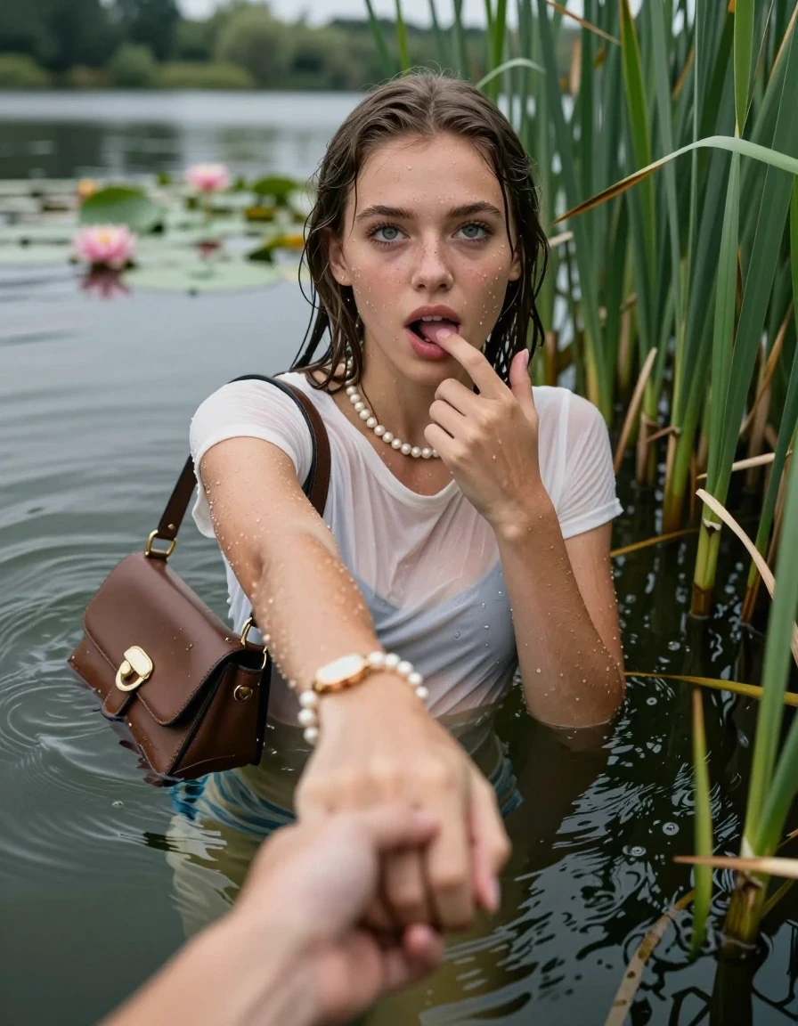 photo of young woman, in soaking wet, drenched clothes,
, , tight sexy tshirt with wide neckline, handbag, pearl necklace, bracelet, wristwatch, Emerging after diving in a lake with water lilies and reeds, 
enjoying, wet clothes stuck to body,
detailed textures of the wet clothes, wet face, wet plastered hair,
wet, drenched, professional, high-quality details, full body view.
sharp focus, ultra-high pixel detail, realistic, high-quality, full colors, incredibly detailed, 4k, 8k, 16k, hyper-realistic, RAW photo, masterpiece, ultra-detailed, professionally color graded, professional photograph, Sleek long straight hair

15 years old  teenage girl

open mouth, big eyes. 0ne hand with a finger at her tongue  inside her mouth, hold with the other the viewer's hand, pulling them toward the center of the water. Laying her breast and arms on the surface.  Whole body and shoulders are submerged under the surface. Looking up at camera.

she is completely underwater up to her neck,  horny and sexuell aroused expression.

She hides in the reeds.

her submerged clothes are hardly vusible under water, she soaked her handbag into the water

close up view, wet skin, wet clothes, wet hair, damp fabric, water runs down the clothes, wet skin, wet clothes, damp fabric, wet skin, wet clothes, damp fabric, wet skin, wet clothes, damp fabric, wet skin, wet clothes, damp fabric, wet skin, wet clothes, damp fabric, wet skin, wet clothes, damp fabric, wet skin, wet clothes, damp fabric, wet skin, wet clothes, damp fabric, wet skin, wet clothes, damp fabric, wet skin, wet clothes, damp fabric, wet skin, wet clothes, damp fabric, wet skin, wet clothes, damp fabric, wet skin, wet clothes, damp fabric, wet skin, wet clothes, damp fabric, wet skin, wet clothes, damp fabric, wet skin, wet clothes, damp fabric, wet skin, wet clothes, damp fabric, wet skin, wet clothes, damp fabric, wet skin, wet clothes, damp fabric, wet skin, wet clothes, damp fabric