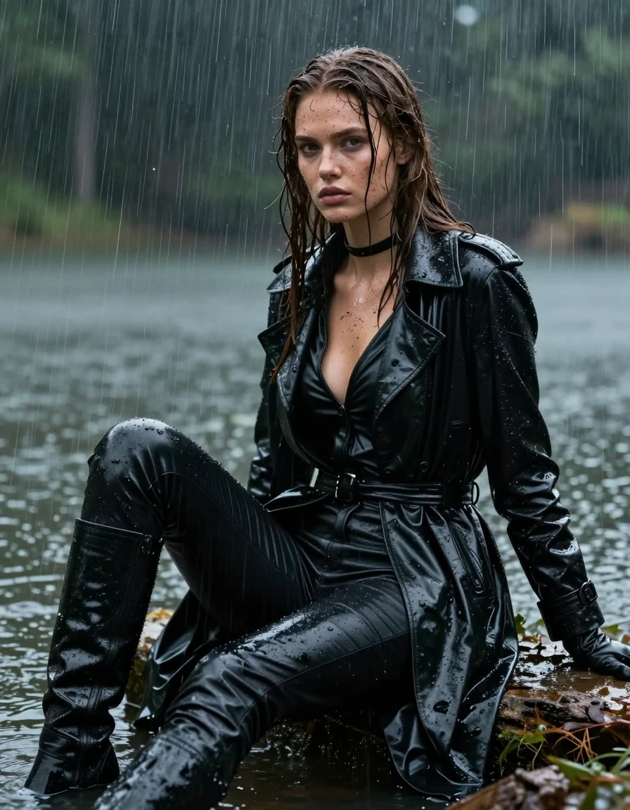 A photorealistic portrait of a young adult European woman with long, dripping wet brown hair, captured in a cinematic, high-detail shot. She is sitting in a lake within a dense forest during a heavy rainstorm, completely drenched. Her skin is glistening with water and smeared with patches of dark mud. She is wearing a black leather polar neck shirt, black leather gloves, a long black leather trench coat, and black leather jeans, all visibly soaked, heavy with water, and clinging to her frame with deep, glossy specular reflections. Her feet are encased in black leather knee-high boots. The fabric of the leather garments shows realistic water saturation, heavy folds, and a slick, liquid-coated sheen. The scene is characterized by the intense downpour, with water cascading over her, creating a moody, atmospheric environment with high-contrast lighting highlighting the texture of the wet leather and mud. Sharp focus, 8k resolution, hyper-realistic textures, professional photography, no nudity, fully clothed.