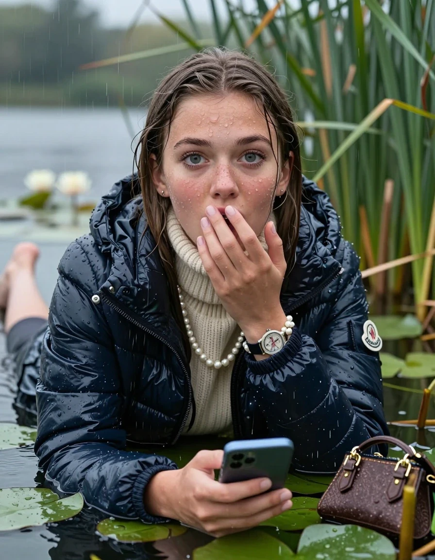 photo of young woman, in soaking wet, drenched clothes,
, , Moncler shiny Puffer down jacket,  knit turtelneck sweater, handbag, pearl necklace, bracelet, wristwatch , Emerging after diving in a lake with water lilies and reeds, rain , 
enjoying, wet clothes stuck to body,
detailed textures of the wet clothes, wet face, wet plastered hair,
wet, drenched, professional, high-quality details, full body view.
sharp focus, ultra-high pixel detail, realistic, high-quality, full colors, incredibly detailed, 4k, 8k, 16k, hyper-realistic, RAW photo, masterpiece, ultra-detailed, professionally color graded, professional photograph, Close-up. 
Sleek long straight hair 

19 years old  teenage girl

open mouth, big eyes, one hand on her mouth and in the other hand her smartphone. Laying her breast on the surface.  Looking at camera.

she is completely underwater up to her neck, afraid and astonished expression.

She hides in the reeds and is surprised by spectators

her submerged clothes are hardly vusible under water, she soaked her handbag into the water

close up view, wet skin, wet clothes, wet hair, damp fabric, water runs down the clothes, wet skin, wet clothes, damp fabric, wet skin, wet clothes, damp fabric, wet skin, wet clothes, damp fabric, wet skin, wet clothes, damp fabric, wet skin, wet clothes, damp fabric, wet skin, wet clothes, damp fabric, wet skin, wet clothes, damp fabric, wet skin, wet clothes, damp fabric, wet skin, wet clothes, damp fabric, wet skin, wet clothes, damp fabric, wet skin, wet clothes, damp fabric, wet skin, wet clothes, damp fabric, wet skin, wet clothes, damp fabric, wet skin, wet clothes, damp fabric, wet skin, wet clothes, damp fabric, wet skin, wet clothes, damp fabric, wet skin, wet clothes, damp fabric