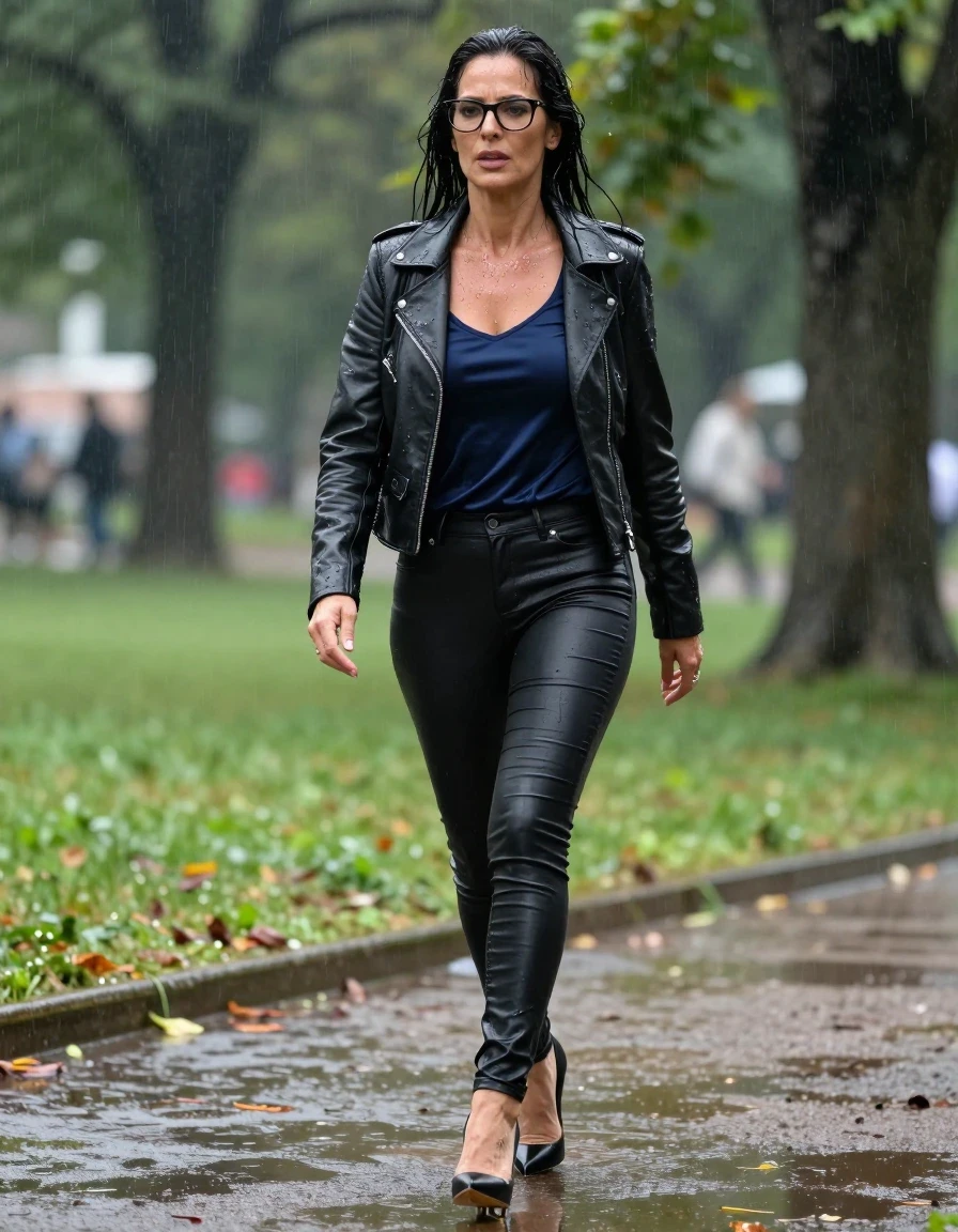 photo of young woman, in soaking wet, drenched clothes,
high-heeled shoes, long black tight leaher jeans, dark blue satin top, black leather byker jacket, walking in sunny park under hard rain, 
enjoying, wet clothes stuck to body,
detailed textures of the wet clothes, wet face, wet plastered hair,
wet, drenched, professional, high-quality details, full body view.
sharp focus, ultra-high pixel detail, realistic, high-quality, full colors, incredibly detailed, 4k, 8k, 16k, hyper-realistic, RAW photo, masterpiece, ultra-detailed, professionally color graded, professional photograph, europen brunette skinny woman 50 years old, long dark black hair, very big and thick lips,  office glasses, complete body, wet skin, wet clothes, damp fabric, wet skin, wet clothes, damp fabric, wet skin, wet clothes, damp fabric, wet skin, wet clothes, damp fabric, wet skin, wet clothes, damp fabric
