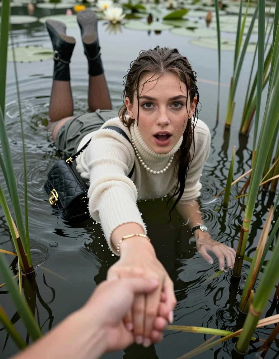 photo of young woman, in soaking wet, drenched clothes,
boots, mini skirt, stockings, knit turtleneck sweater, handbag, pearl necklace, bracelet, wristwatch, Emerging after diving in a lake with water lilies and reeds, 
enjoying, wet clothes stuck to body,
detailed textures of the wet clothes, wet face, wet plastered hair,
wet, drenched, professional, high-quality details, full body view.
sharp focus, ultra-high pixel detail, realistic, high-quality, full colors, incredibly detailed, 4k, 8k, 16k, hyper-realistic, RAW photo, masterpiece, ultra-detailed, professionally color graded, professional photograph, Sleek long ponytail with bangs

15 years old  teenage girl

open mouth, big eyes. hold with her hands the viewer's hand, pulling them toward the center of the water. Laying her breast and arms on the surface.  Whole body and shoulders are submerged under the surface. Looking up at camera.

she is completely underwater up to her neck,  horny and sexuell aroused expression.

She hides in the reeds.

her submerged clothes are hardly vusible under water, she soaked her handbag into the water

close up view, wet skin, wet clothes, wet hair, damp fabric, water runs down the clothes, wet skin, wet clothes, damp fabric, wet skin, wet clothes, damp fabric, wet skin, wet clothes, damp fabric, wet skin, wet clothes, damp fabric, wet skin, wet clothes, damp fabric, wet skin, wet clothes, damp fabric, wet skin, wet clothes, damp fabric, wet skin, wet clothes, damp fabric, wet skin, wet clothes, damp fabric, wet skin, wet clothes, damp fabric, wet skin, wet clothes, damp fabric, wet skin, wet clothes, damp fabric, wet skin, wet clothes, damp fabric, wet skin, wet clothes, damp fabric, wet skin, wet clothes, damp fabric, wet skin, wet clothes, damp fabric, wet skin, wet clothes, damp fabric, wet skin, wet clothes, damp fabric, wet skin, wet clothes, damp fabric