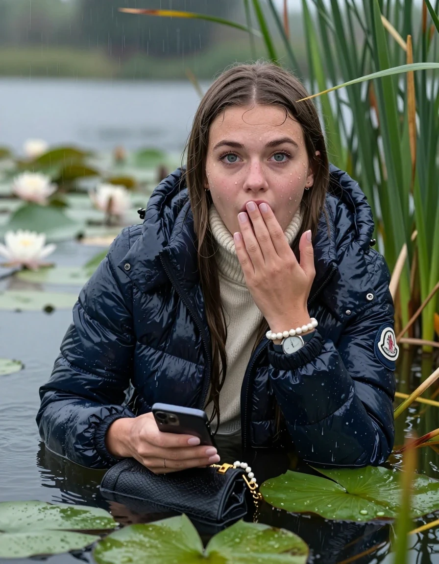 photo of young woman, in soaking wet, drenched clothes,
, , Moncler shiny Puffer down jacket,  knit turtelneck sweater, handbag, pearl necklace, bracelet, wristwatch , Emerging after diving in a lake with water lilies and reeds, rain , 
enjoying, wet clothes stuck to body,
detailed textures of the wet clothes, wet face, wet plastered hair,
wet, drenched, professional, high-quality details, full body view.
sharp focus, ultra-high pixel detail, realistic, high-quality, full colors, incredibly detailed, 4k, 8k, 16k, hyper-realistic, RAW photo, masterpiece, ultra-detailed, professionally color graded, professional photograph, Close-up. 
Sleek long straight hair 

19 years old  teenage girl

open mouth, big eyes, one hand on her mouth and in the other hand her smartphone. Laying her breast on the surface.  Looking at camera.

she is completely underwater up to her neck, afraid and astonished expression.

She hides in the reeds and is surprised by spectators

her submerged clothes are hardly vusible under water, she soaked her handbag into the water

close up view, wet skin, wet clothes, wet hair, damp fabric, water runs down the clothes, wet skin, wet clothes, damp fabric, wet skin, wet clothes, damp fabric, wet skin, wet clothes, damp fabric, wet skin, wet clothes, damp fabric, wet skin, wet clothes, damp fabric, wet skin, wet clothes, damp fabric, wet skin, wet clothes, damp fabric, wet skin, wet clothes, damp fabric, wet skin, wet clothes, damp fabric, wet skin, wet clothes, damp fabric, wet skin, wet clothes, damp fabric, wet skin, wet clothes, damp fabric, wet skin, wet clothes, damp fabric, wet skin, wet clothes, damp fabric, wet skin, wet clothes, damp fabric, wet skin, wet clothes, damp fabric, wet skin, wet clothes, damp fabric