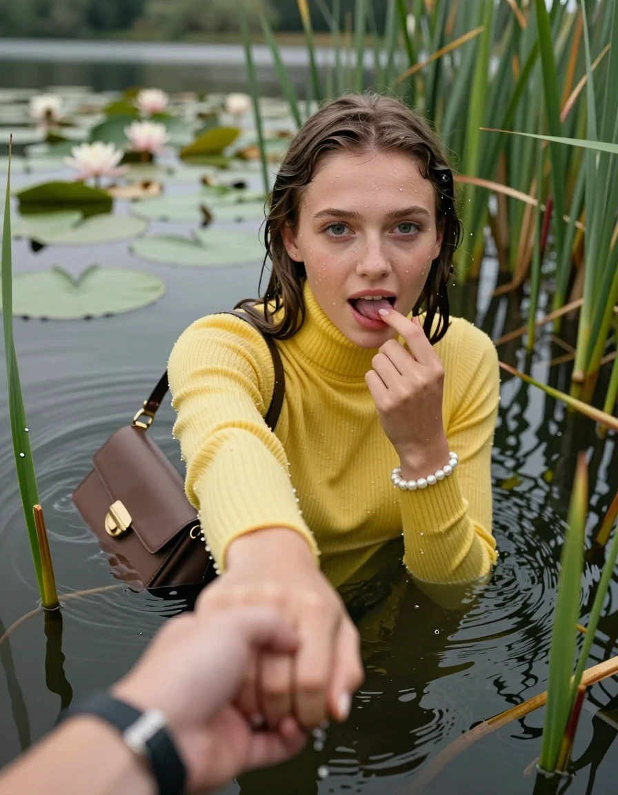 photo of young woman, in soaking wet, drenched clothes,
, , yellow knit turtleneck sweater, handbag, pearl necklace, bracelet, wristwatch, Emerging after diving in a lake with water lilies and reeds, 
enjoying, wet clothes stuck to body,
detailed textures of the wet clothes, wet face, wet plastered hair,
wet, drenched, professional, high-quality details, full body view.
sharp focus, ultra-high pixel detail, realistic, high-quality, full colors, incredibly detailed, 4k, 8k, 16k, hyper-realistic, RAW photo, masterpiece, ultra-detailed, professionally color graded, professional photograph, Sleek long straight hair

15 years old  teenage girl

open mouth, big eyes. 0ne hand with a finger at her tongue  inside her mouth, hold with the other the viewer's hand, pulling them toward the center of the water. Laying her breast and arms on the surface.  Whole body and shoulders are submerged under the surface. Looking up at camera.

she is completely underwater up to her neck,  horny and sexuell aroused expression.

She hides in the reeds.

her submerged clothes are hardly vusible under water, she soaked her handbag into the water

close up view, wet skin, wet clothes, wet hair, damp fabric, water runs down the clothes, wet skin, wet clothes, damp fabric, wet skin, wet clothes, damp fabric, wet skin, wet clothes, damp fabric, wet skin, wet clothes, damp fabric, wet skin, wet clothes, damp fabric, wet skin, wet clothes, damp fabric, wet skin, wet clothes, damp fabric, wet skin, wet clothes, damp fabric, wet skin, wet clothes, damp fabric, wet skin, wet clothes, damp fabric, wet skin, wet clothes, damp fabric, wet skin, wet clothes, damp fabric, wet skin, wet clothes, damp fabric, wet skin, wet clothes, damp fabric, wet skin, wet clothes, damp fabric, wet skin, wet clothes, damp fabric, wet skin, wet clothes, damp fabric, wet skin, wet clothes, damp fabric, wet skin, wet clothes, damp fabric, wet skin, wet clothes, damp fabric