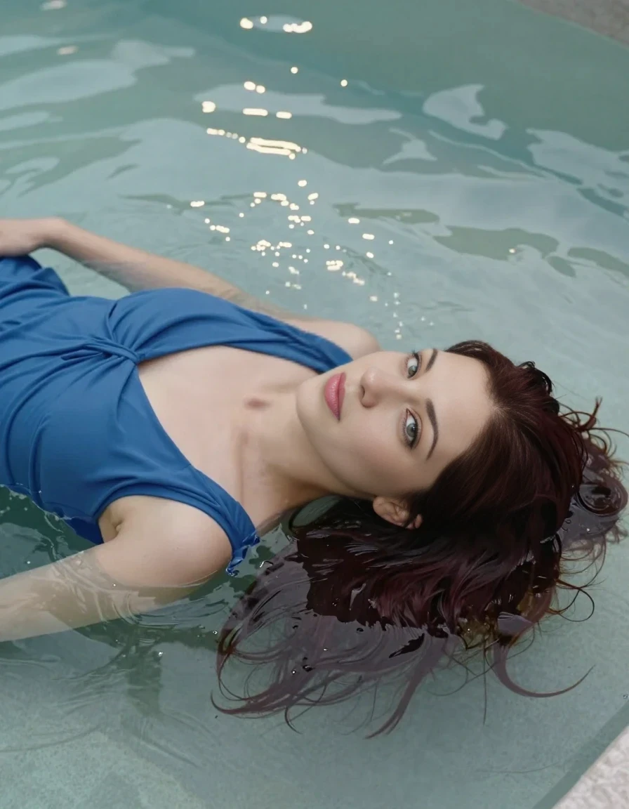 First-person POV shot looking down at an adult woman with shoulder-length dark auburn hair lying back in a shallow fountain pool. She is wearing a blue dress that is completely soaked and clinging to her form as she rests in the water. Her shoulder-length dark auburn hair is spread out and floating just under the surface of the clear, shimmering water. Her head is tilted back so that the water level rests right against her jawline, creating a serene and peaceful expression. The scene is captured in a realistic fashion photography style, vertical orientation, with soft sunlight reflecting off the water's surface. The woman's face is positioned toward the camera at a mild three-quarter angle, large enough for a natural portrait reference. The depicted adult woman has shoulder-length dark auburn hair. Show her face clearly toward the camera at a mild three-quarter angle, large enough for a natural portrait face reference.
