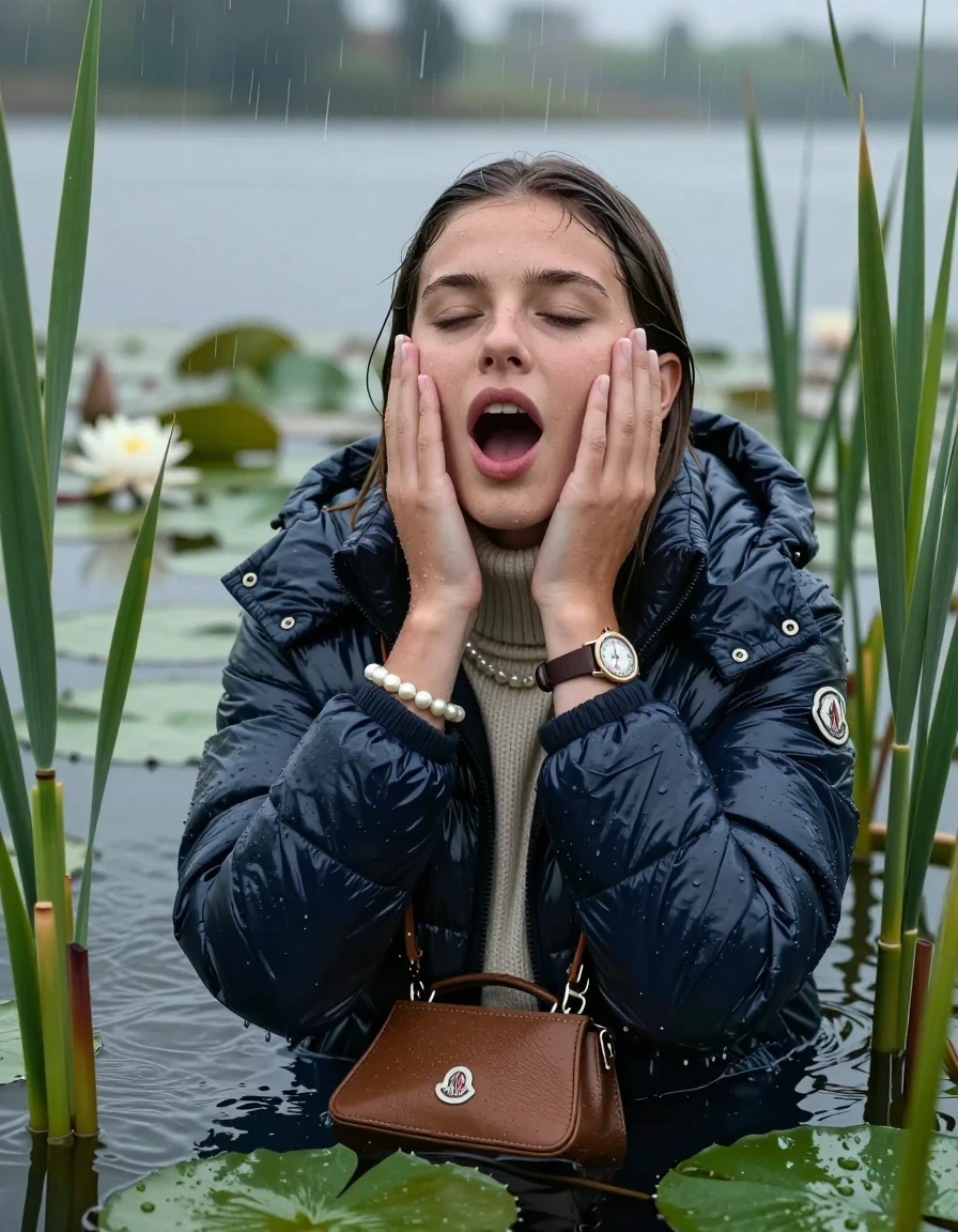 photo of young woman, in soaking wet, drenched clothes,
, , Moncler shiny Puffer down jacket,  knit turtleneck sweater, handbag, pearl necklace, bracelet, wristwatch , Emerging after diving in a lake with water lilies and reeds, rain , 
enjoying, wet clothes stuck to body,
detailed textures of the wet clothes, wet face, wet plastered hair,
wet, drenched, professional, high-quality details, full body view.
sharp focus, ultra-high pixel detail, realistic, high-quality, full colors, incredibly detailed, 4k, 8k, 16k, hyper-realistic, RAW photo, masterpiece, ultra-detailed, professionally color graded, professional photograph, Sleek long straight hair 

19 years old  teenage girl

open mouth, big eyes, hold her hands on her face.  Laying her breast on the surface.  Looking up. Closed eyes.

she is completely underwater up to her neck, horny  and sexuell aroused expression. Has an orgasm.

She hides in the reeds and is surprised by spectators

her submerged clothes are hardly vusible under water, she soaked her handbag into the water

close up view, wet skin, wet clothes, wet hair, damp fabric, water runs down the clothes, wet skin, wet clothes, damp fabric, wet skin, wet clothes, damp fabric, wet skin, wet clothes, damp fabric, wet skin, wet clothes, damp fabric, wet skin, wet clothes, damp fabric, wet skin, wet clothes, damp fabric, wet skin, wet clothes, damp fabric, wet skin, wet clothes, damp fabric, wet skin, wet clothes, damp fabric, wet skin, wet clothes, damp fabric, wet skin, wet clothes, damp fabric, wet skin, wet clothes, damp fabric, wet skin, wet clothes, damp fabric, wet skin, wet clothes, damp fabric, wet skin, wet clothes, damp fabric, wet skin, wet clothes, damp fabric, wet skin, wet clothes, damp fabric