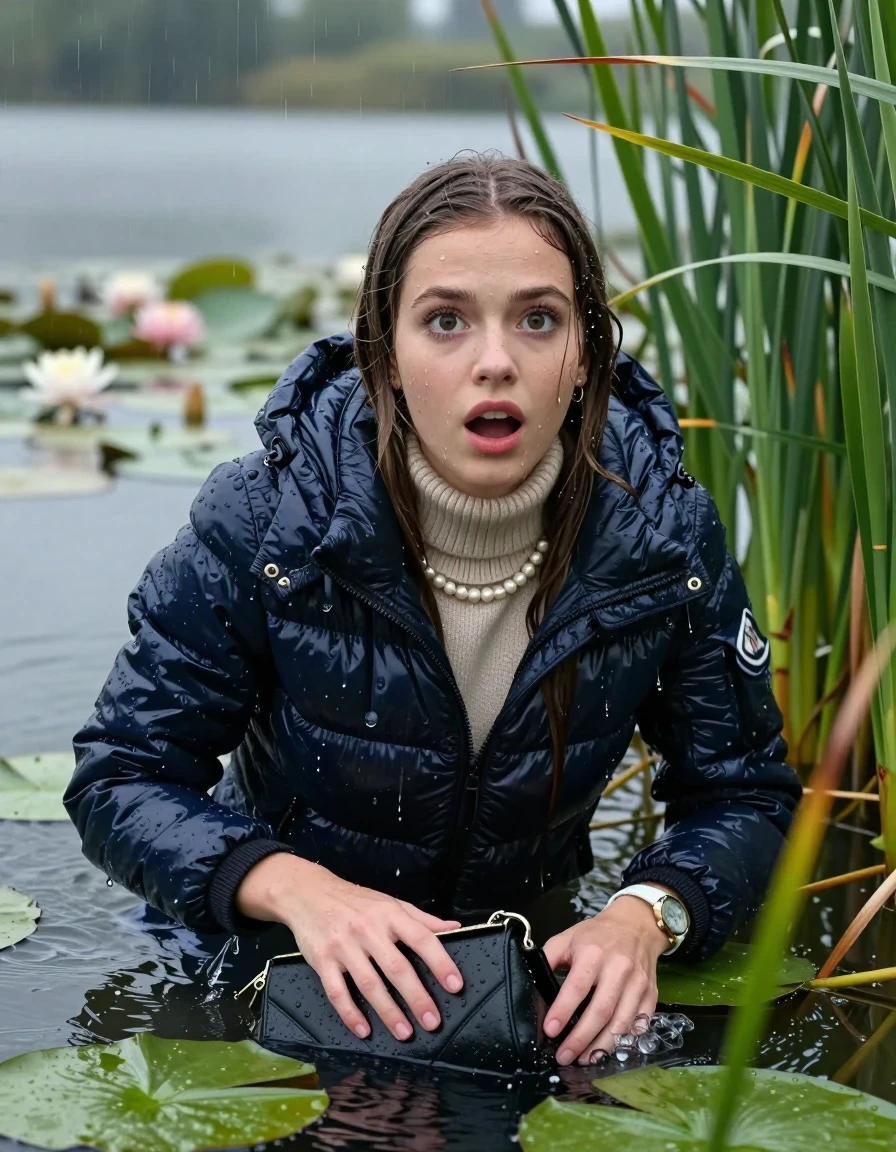 photo of young woman, in soaking wet, drenched clothes,
, , Moncler shiny Puffer down jacket,  knit turtleneck sweater, handbag, pearl necklace, bracelet, wristwatch , Emerging after diving in a lake with water lilies and reeds, rain , 
enjoying, wet clothes stuck to body,
detailed textures of the wet clothes, wet face, wet plastered hair,
wet, drenched, professional, high-quality details, full body view.
sharp focus, ultra-high pixel detail, realistic, high-quality, full colors, incredibly detailed, 4k, 8k, 16k, hyper-realistic, RAW photo, masterpiece, ultra-detailed, professionally color graded, professional photograph, Sleek long straight hair 

19 years old  teenage girl

open mouth, big eye .  Laying her breast on the surface.  Looking up at camera.

she is completely underwater up to her neck, afraid and astonished expression. 

She hides in the reeds and is surprised by spectators

her submerged clothes are hardly vusible under water, she soaked her handbag into the water

close up view, wet skin, wet clothes, wet hair, damp fabric, water runs down the clothes, wet skin, wet clothes, damp fabric, wet skin, wet clothes, damp fabric, wet skin, wet clothes, damp fabric, wet skin, wet clothes, damp fabric, wet skin, wet clothes, damp fabric, wet skin, wet clothes, damp fabric, wet skin, wet clothes, damp fabric, wet skin, wet clothes, damp fabric, wet skin, wet clothes, damp fabric, wet skin, wet clothes, damp fabric, wet skin, wet clothes, damp fabric, wet skin, wet clothes, damp fabric, wet skin, wet clothes, damp fabric, wet skin, wet clothes, damp fabric, wet skin, wet clothes, damp fabric, wet skin, wet clothes, damp fabric, wet skin, wet clothes, damp fabric