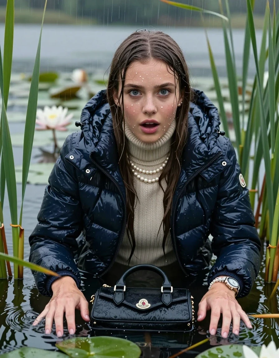 photo of young woman, in soaking wet, drenched clothes,
, , Moncler shiny Puffer down jacket,  knit turtleneck sweater, handbag, pearl necklace, bracelet, wristwatch , Emerging after diving in a lake with water lilies and reeds, rain , 
enjoying, wet clothes stuck to body,
detailed textures of the wet clothes, wet face, wet plastered hair,
wet, drenched, professional, high-quality details, full body view.
sharp focus, ultra-high pixel detail, realistic, high-quality, full colors, incredibly detailed, 4k, 8k, 16k, hyper-realistic, RAW photo, masterpiece, ultra-detailed, professionally color graded, professional photograph, Sleek long straight hair 

19 years old  teenage girl

Laying her breast on the surface.  Looking at camera.

she is completely underwater up to her neck, stupified shocked expression. 

She hides in the reeds and is surprised by spectators

her submerged clothes are hardly vusible under water, she soaked her handbag into the water

close up view, wet skin, wet clothes, wet hair, damp fabric, water runs down the clothes, wet skin, wet clothes, damp fabric, wet skin, wet clothes, damp fabric, wet skin, wet clothes, damp fabric, wet skin, wet clothes, damp fabric, wet skin, wet clothes, damp fabric, wet skin, wet clothes, damp fabric, wet skin, wet clothes, damp fabric, wet skin, wet clothes, damp fabric, wet skin, wet clothes, damp fabric, wet skin, wet clothes, damp fabric, wet skin, wet clothes, damp fabric, wet skin, wet clothes, damp fabric, wet skin, wet clothes, damp fabric, wet skin, wet clothes, damp fabric, wet skin, wet clothes, damp fabric, wet skin, wet clothes, damp fabric, wet skin, wet clothes, damp fabric