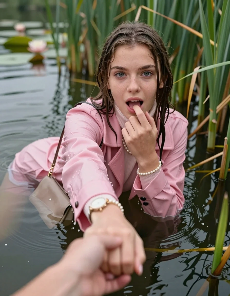 photo of young woman, in soaking wet, drenched clothes,
, ,  pink coat,  knit turtleneck sweater, handbag, pearl necklace, bracelet, wristwatch, Emerging after diving in a lake with water lilies and reeds, 
enjoying, wet clothes stuck to body,
detailed textures of the wet clothes, wet face, wet plastered hair,
wet, drenched, professional, high-quality details, full body view.
sharp focus, ultra-high pixel detail, realistic, high-quality, full colors, incredibly detailed, 4k, 8k, 16k, hyper-realistic, RAW photo, masterpiece, ultra-detailed, professionally color graded, professional photograph, Sleek long straight hair

15 years old  teenage girl

open mouth, big eyes. 0ne hand with a finger at her tongue  inside her mouth, hold with the other the viewer's hand, pulling them toward the center of the water. Laying her breast and arms on the surface.  Whole body and shoulders are submerged under the surface. Looking up at camera.

she is completely underwater up to her neck,  horny and sexuell aroused expression.

She hides in the reeds.

her submerged clothes are hardly vusible under water, she soaked her handbag into the water

close up view, wet skin, wet clothes, wet hair, damp fabric, water runs down the clothes, wet skin, wet clothes, damp fabric, wet skin, wet clothes, damp fabric, wet skin, wet clothes, damp fabric, wet skin, wet clothes, damp fabric, wet skin, wet clothes, damp fabric, wet skin, wet clothes, damp fabric, wet skin, wet clothes, damp fabric, wet skin, wet clothes, damp fabric, wet skin, wet clothes, damp fabric, wet skin, wet clothes, damp fabric, wet skin, wet clothes, damp fabric, wet skin, wet clothes, damp fabric, wet skin, wet clothes, damp fabric, wet skin, wet clothes, damp fabric, wet skin, wet clothes, damp fabric, wet skin, wet clothes, damp fabric, wet skin, wet clothes, damp fabric, wet skin, wet clothes, damp fabric, wet skin, wet clothes, damp fabric