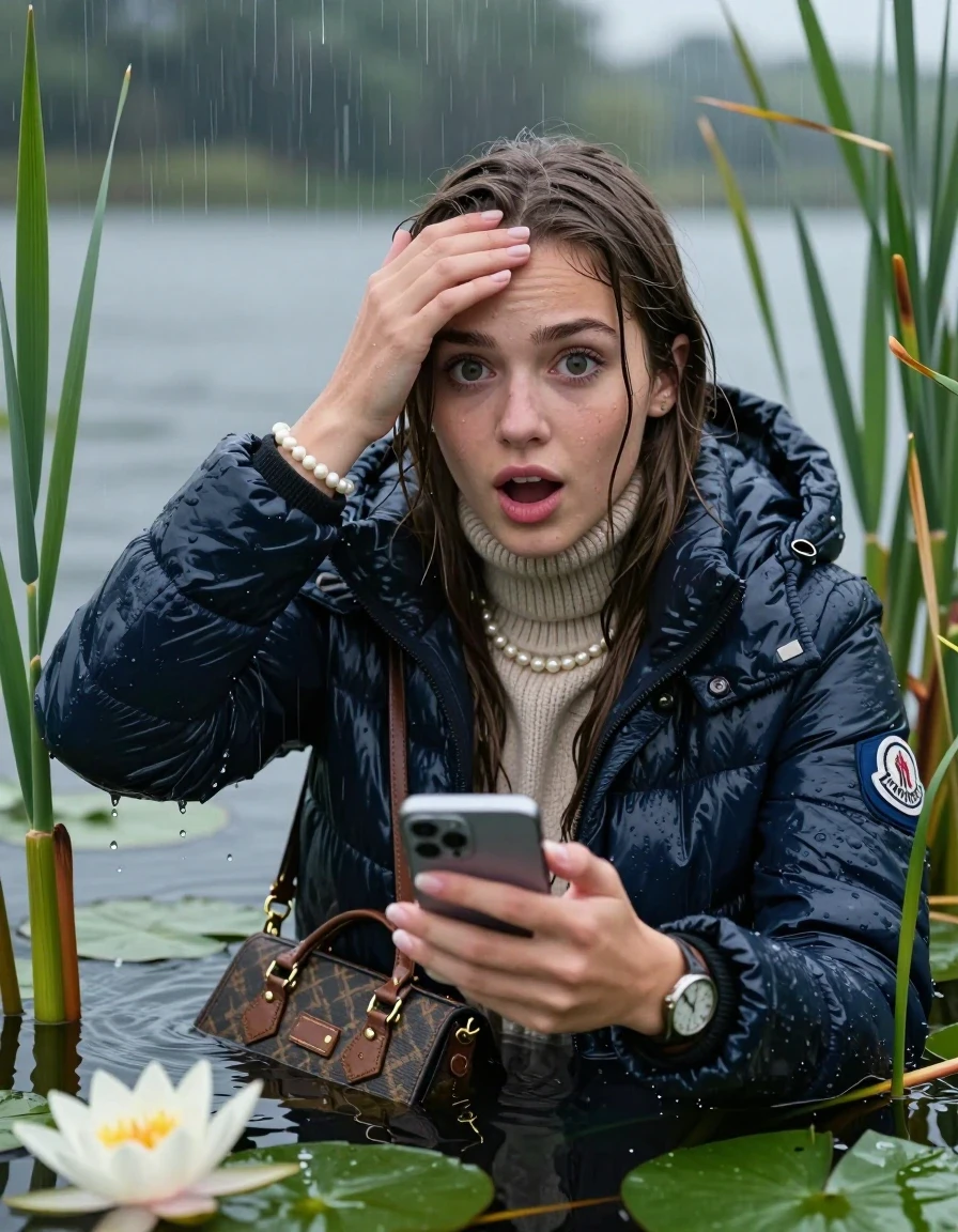photo of young woman, in soaking wet, drenched clothes,
, , Moncler shiny Puffer down jacket,  knit turtelneck sweater, handbag, pearl necklace, bracelet, wristwatch , Emerging after diving in a lake with water lilies and reeds, rain , 
enjoying, wet clothes stuck to body,
detailed textures of the wet clothes, wet face, wet plastered hair,
wet, drenched, professional, high-quality details, full body view.
sharp focus, ultra-high pixel detail, realistic, high-quality, full colors, incredibly detailed, 4k, 8k, 16k, hyper-realistic, RAW photo, masterpiece, ultra-detailed, professionally color graded, professional photograph, Close-up. 
Sleek long straight hair 

19 years old  teenage girl

open mouth, big eyes, one hand on her forehead and in the other hand her smartphone. Laying her breast on the surface.  Looking at camera.

she is completely underwater up to her neck, afraid and astonished expression.

She hides in the reeds and is surprised by spectators

her submerged clothes are hardly vusible under water, she soaked her handbag into the water

close up view, wet skin, wet clothes, wet hair, damp fabric, water runs down the clothes, wet skin, wet clothes, damp fabric, wet skin, wet clothes, damp fabric, wet skin, wet clothes, damp fabric, wet skin, wet clothes, damp fabric, wet skin, wet clothes, damp fabric, wet skin, wet clothes, damp fabric, wet skin, wet clothes, damp fabric, wet skin, wet clothes, damp fabric, wet skin, wet clothes, damp fabric, wet skin, wet clothes, damp fabric, wet skin, wet clothes, damp fabric, wet skin, wet clothes, damp fabric, wet skin, wet clothes, damp fabric, wet skin, wet clothes, damp fabric, wet skin, wet clothes, damp fabric, wet skin, wet clothes, damp fabric, wet skin, wet clothes, damp fabric