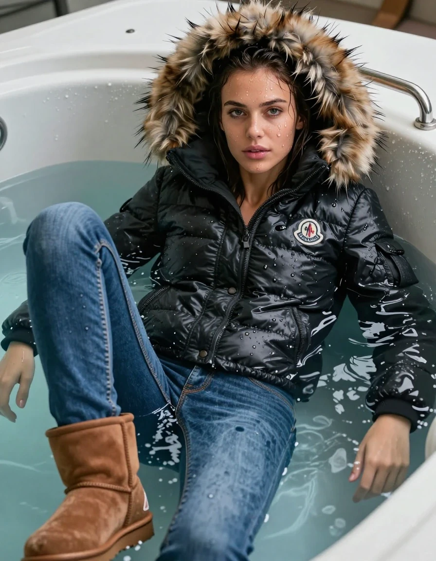 photo of young woman, in soaking wet, drenched clothes,
Ugg boots, Blue jeans, Moncler gilet with big fur hood, Jacuzzi, 
enjoying, wet clothes stuck to body,
detailed textures of the wet clothes, wet face, wet plastered hair,
wet, drenched, professional, high-quality details, full body view.
sharp focus, ultra-high pixel detail, realistic, high-quality, full colors, incredibly detailed, 4k, 8k, 16k, hyper-realistic, RAW photo, masterpiece, ultra-detailed, professionally color graded, professional photograph, Lying, wet skin, wet clothes, damp fabric