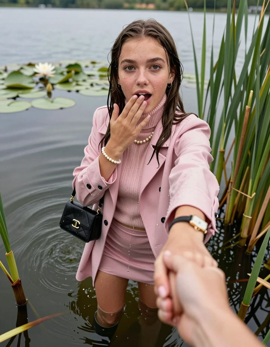 photo of young woman, in soaking wet, drenched clothes,
boots, mini skirt,  pink coat,  knit turtleneck sweater, handbag, pearl necklace, bracelet, wristwatch, Emerging after diving in a lake with water lilies and reeds, 
enjoying, wet clothes stuck to body,
detailed textures of the wet clothes, wet face, wet plastered hair,
wet, drenched, professional, high-quality details, full body view.
sharp focus, ultra-high pixel detail, realistic, high-quality, full colors, incredibly detailed, 4k, 8k, 16k, hyper-realistic, RAW photo, masterpiece, ultra-detailed, professionally color graded, professional photograph, Sleek long straight hair

15 years old  teenage girl

open mouth, big eyes. 0ne hand over her mouth, hold with the other the viewer's hand, pulling them toward the center of the water. Laying her breast and arms on the surface.  Whole body and shoulders are submerged under the surface. Looking up at camera.

she is completely underwater up to her neck,  horny and sexuell aroused expression.

She hides in the reeds.

her submerged clothes are hardly vusible under water, she soaked her handbag into the water

close up view, wet skin, wet clothes, wet hair, damp fabric, water runs down the clothes, wet skin, wet clothes, damp fabric, wet skin, wet clothes, damp fabric, wet skin, wet clothes, damp fabric, wet skin, wet clothes, damp fabric, wet skin, wet clothes, damp fabric, wet skin, wet clothes, damp fabric, wet skin, wet clothes, damp fabric, wet skin, wet clothes, damp fabric, wet skin, wet clothes, damp fabric, wet skin, wet clothes, damp fabric, wet skin, wet clothes, damp fabric, wet skin, wet clothes, damp fabric, wet skin, wet clothes, damp fabric, wet skin, wet clothes, damp fabric, wet skin, wet clothes, damp fabric, wet skin, wet clothes, damp fabric, wet skin, wet clothes, damp fabric, wet skin, wet clothes, damp fabric, wet skin, wet clothes, damp fabric