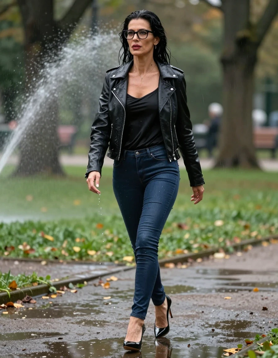 photo of young woman, in soaking wet, drenched clothes,
high-heeled shoes, long dark blue tight leather jeans, black satin top, black leather byker jacket, walking in park under sprinklers under the sun, 
enjoying, wet clothes stuck to body,
detailed textures of the wet clothes, wet face, wet plastered hair,
wet, drenched, professional, high-quality details, full body view.
sharp focus, ultra-high pixel detail, realistic, high-quality, full colors, incredibly detailed, 4k, 8k, 16k, hyper-realistic, RAW photo, masterpiece, ultra-detailed, professionally color graded, professional photograph, europen brunette skinny woman 50 years old, long dark black hair, very big and thick lips,  office glasses, complete body, wet skin, wet clothes, damp fabric, wet skin, wet clothes, damp fabric, wet skin, wet clothes, damp fabric, wet skin, wet clothes, damp fabric, wet skin, wet clothes, damp fabric