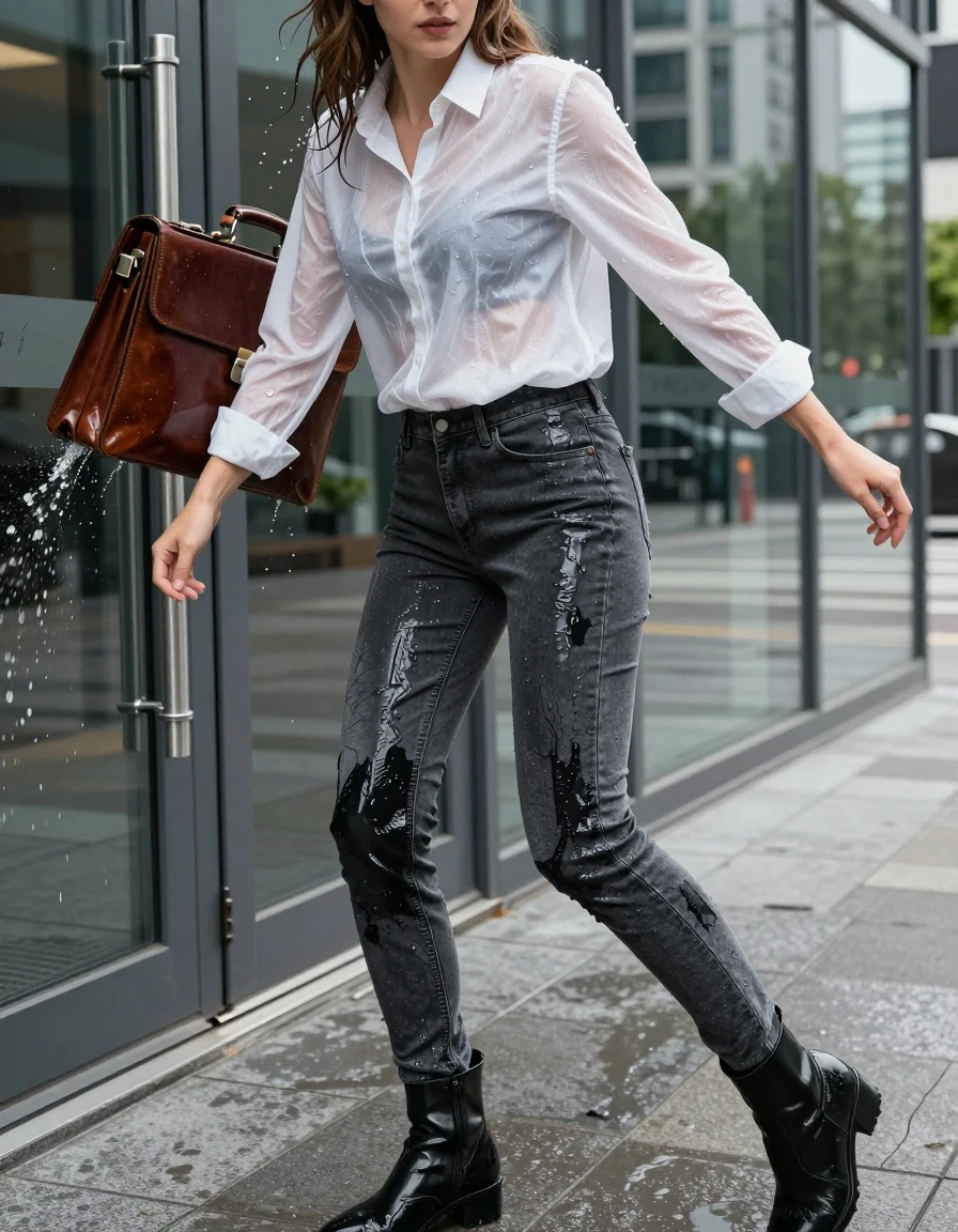 A young adult European woman in a high-angle cinematic street photography shot, stumbling mid-stride at a modern glass office building entrance, shielding a leather briefcase from a sudden rooftop drainpipe deluge. She is wearing a crisp white button-down shirt that is completely drenched, translucent, and clinging to her skin with visible fabric textures. She wears skinny charcoal grey jeans; these are soaking-wet denim, water-saturated heavyweight denim, charcoal grey changed to deep dark charcoal and near-black, substantially darker unevenly soaked patches, absorbed water, heavy wet folds, visible weave and stitching, and strong glossy specular reflections on the raised weave, seams, and creases. She is wearing polished black high boots. Water droplets are splashing off her shoulders and hair, with realistic wet skin and clothing sheen. The urban sidewalk environment is captured in vibrant natural light, 8k resolution, with extremely detailed fabric textures and high-fidelity water dynamics.