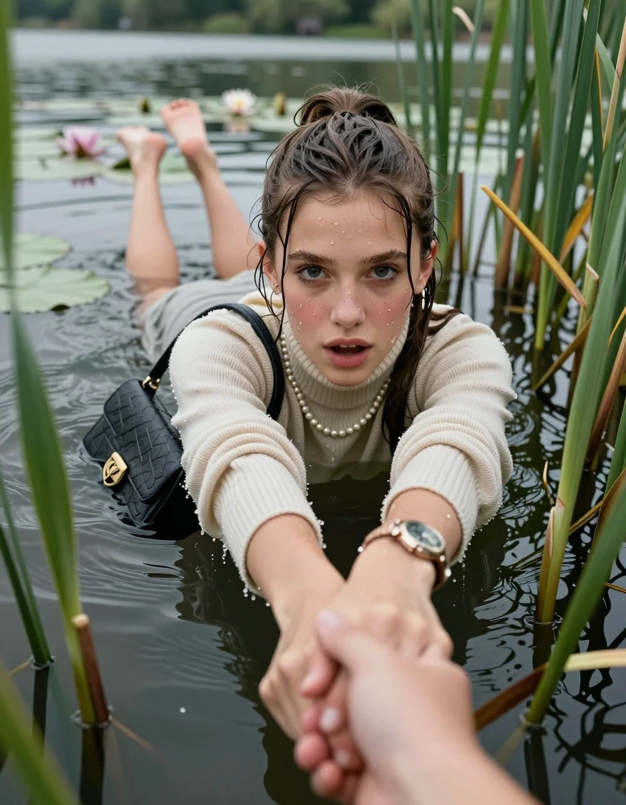photo of young woman, in soaking wet, drenched clothes,
, , knit turtleneck sweater, handbag, pearl necklace, bracelet, wristwatch, Emerging after diving in a lake with water lilies and reeds, 
enjoying, wet clothes stuck to body,
detailed textures of the wet clothes, wet face, wet plastered hair,
wet, drenched, professional, high-quality details, full body view.
sharp focus, ultra-high pixel detail, realistic, high-quality, full colors, incredibly detailed, 4k, 8k, 16k, hyper-realistic, RAW photo, masterpiece, ultra-detailed, professionally color graded, professional photograph, Sleek long ponytail with bangs

15 years old  teenage girl

open mouth, big eyes. hold with her hands the viewer's hand, pulling them toward the center of the water. Laying her breast and arms on the surface.  Whole body and shoulders are submerged under the surface. Looking up at camera.

she is completely underwater up to her neck,  horny and sexuell aroused expression.

She hides in the reeds.

her submerged clothes are hardly vusible under water, she soaked her handbag into the water

close up view, wet skin, wet clothes, wet hair, damp fabric, water runs down the clothes, wet skin, wet clothes, damp fabric, wet skin, wet clothes, damp fabric, wet skin, wet clothes, damp fabric, wet skin, wet clothes, damp fabric, wet skin, wet clothes, damp fabric, wet skin, wet clothes, damp fabric, wet skin, wet clothes, damp fabric, wet skin, wet clothes, damp fabric, wet skin, wet clothes, damp fabric, wet skin, wet clothes, damp fabric, wet skin, wet clothes, damp fabric, wet skin, wet clothes, damp fabric, wet skin, wet clothes, damp fabric, wet skin, wet clothes, damp fabric, wet skin, wet clothes, damp fabric, wet skin, wet clothes, damp fabric, wet skin, wet clothes, damp fabric, wet skin, wet clothes, damp fabric, wet skin, wet clothes, damp fabric