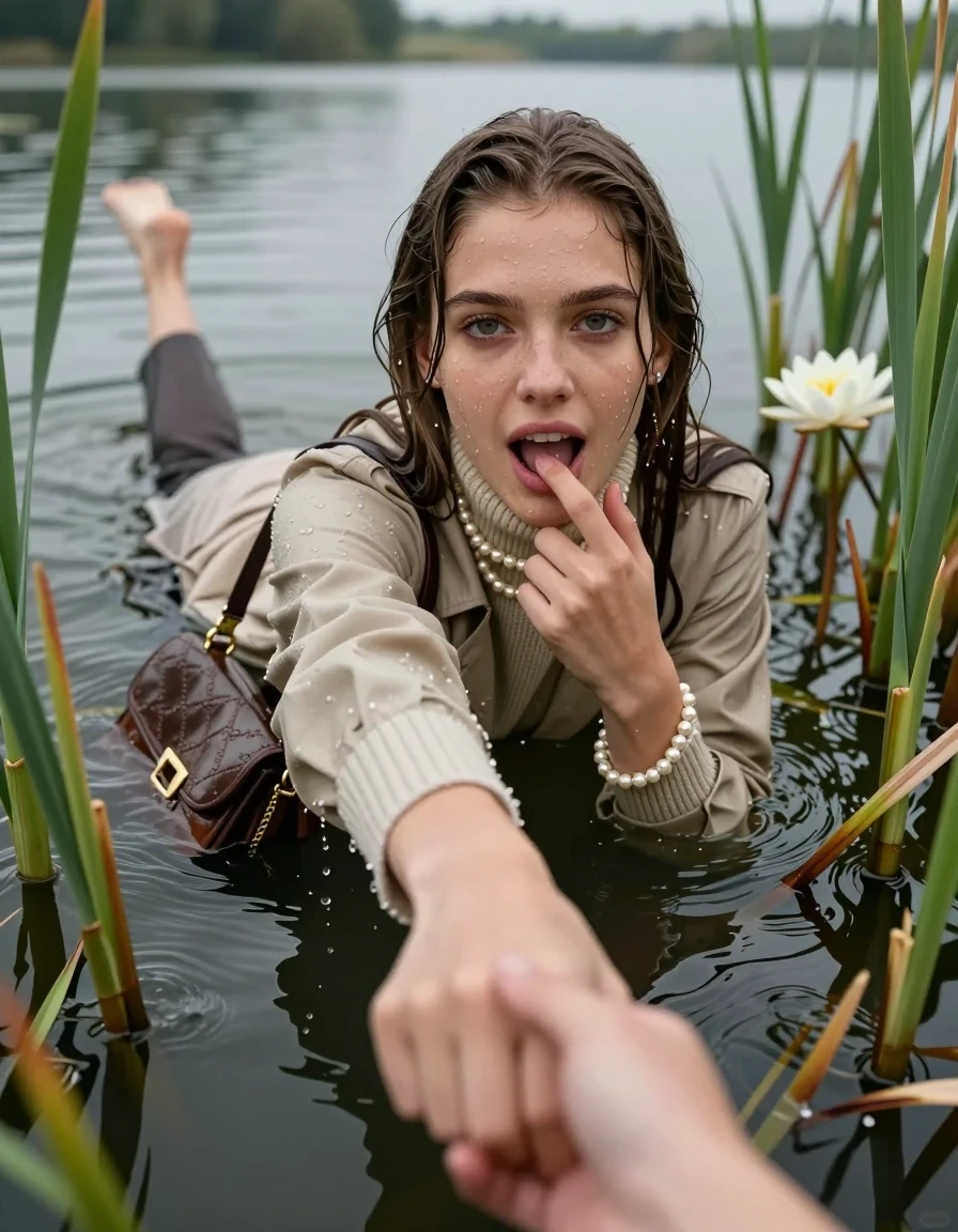 photo of young woman, in soaking wet, drenched clothes,
, , winter coat,  knit turtleneck sweater, handbag, pearl necklace, bracelet, wristwatch, Emerging after diving in a lake with water lilies and reeds, 
enjoying, wet clothes stuck to body,
detailed textures of the wet clothes, wet face, wet plastered hair,
wet, drenched, professional, high-quality details, full body view.
sharp focus, ultra-high pixel detail, realistic, high-quality, full colors, incredibly detailed, 4k, 8k, 16k, hyper-realistic, RAW photo, masterpiece, ultra-detailed, professionally color graded, professional photograph, Sleek long straight hair

15 years old  teenage girl

open mouth, big eyes. 0ne hand with a finger at her tongue  inside her mouth, hold with the other the viewer's hand, pulling them toward the center of the water. Laying her breast and arms on the surface.  Whole body and shoulders are submerged under the surface. Looking up at camera.

she is completely underwater up to her neck,  horny and sexuell aroused expression.

She hides in the reeds.

her submerged clothes are hardly vusible under water, she soaked her handbag into the water

close up view, wet skin, wet clothes, wet hair, damp fabric, water runs down the clothes, wet skin, wet clothes, damp fabric, wet skin, wet clothes, damp fabric, wet skin, wet clothes, damp fabric, wet skin, wet clothes, damp fabric, wet skin, wet clothes, damp fabric, wet skin, wet clothes, damp fabric, wet skin, wet clothes, damp fabric, wet skin, wet clothes, damp fabric, wet skin, wet clothes, damp fabric, wet skin, wet clothes, damp fabric, wet skin, wet clothes, damp fabric, wet skin, wet clothes, damp fabric, wet skin, wet clothes, damp fabric, wet skin, wet clothes, damp fabric, wet skin, wet clothes, damp fabric, wet skin, wet clothes, damp fabric, wet skin, wet clothes, damp fabric, wet skin, wet clothes, damp fabric, wet skin, wet clothes, damp fabric