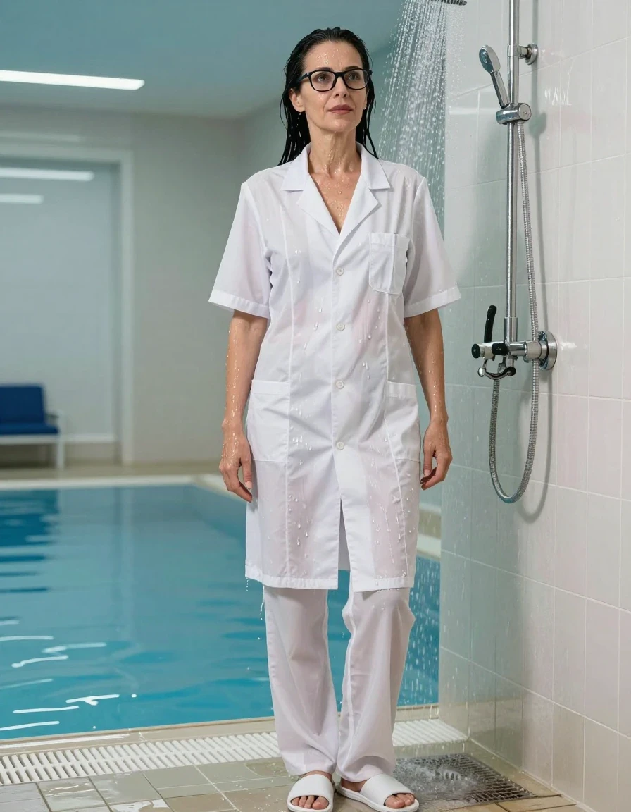 photo of young woman, in soaking wet, drenched clothes,
slippers, long white labtrousers, maxi white labcoat with short sleeves, TAKING SHOWER, indoor swimming pool, enjoying wet clothes stuck body, 
enjoying, wet clothes stuck to body,
detailed textures of the wet clothes, wet face, wet plastered hair,
wet, drenched, professional, high-quality details, full body view.
sharp focus, ultra-high pixel detail, realistic, high-quality, full colors, incredibly detailed, 4k, 8k, 16k, hyper-realistic, RAW photo, masterpiece, ultra-detailed, professionally color graded, professional photograph, europen brunette skinny woman 50 years old, long dark black hair, very big and thick lips,  office glasses, complete body, wet skin, wet clothes, damp fabric, wet skin, wet clothes, damp fabric, wet skin, wet clothes, damp fabric, wet skin, wet clothes, damp fabric, wet skin, wet clothes, damp fabric