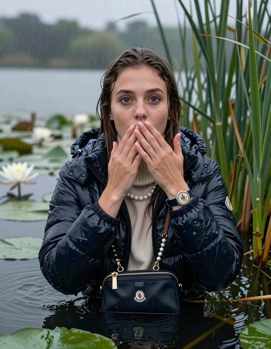 photo of young woman, in soaking wet, drenched clothes,
, , Moncler shiny Puffer down jacket,  knit turtleneck sweater, handbag, pearl necklace, bracelet, wristwatch , Emerging after diving in a lake with water lilies and reeds, rain , 
enjoying, wet clothes stuck to body,
detailed textures of the wet clothes, wet face, wet plastered hair,
wet, drenched, professional, high-quality details, full body view.
sharp focus, ultra-high pixel detail, realistic, high-quality, full colors, incredibly detailed, 4k, 8k, 16k, hyper-realistic, RAW photo, masterpiece, ultra-detailed, professionally color graded, professional photograph, Sleek long straight hair 

19 years old  teenage girl

open mouth, big eyes, hold one hand over her mouth, the other hand between her bouche .  Laying her breast on the surface.  Looking up at camera.

she is completely underwater up to her neck, horny  and sexuell aroused expression. 

She hides in the reeds and is surprised by spectators

her submerged clothes are hardly vusible under water, she soaked her handbag into the water

close up view, wet skin, wet clothes, wet hair, damp fabric, water runs down the clothes, wet skin, wet clothes, damp fabric, wet skin, wet clothes, damp fabric, wet skin, wet clothes, damp fabric, wet skin, wet clothes, damp fabric, wet skin, wet clothes, damp fabric, wet skin, wet clothes, damp fabric, wet skin, wet clothes, damp fabric, wet skin, wet clothes, damp fabric, wet skin, wet clothes, damp fabric, wet skin, wet clothes, damp fabric, wet skin, wet clothes, damp fabric, wet skin, wet clothes, damp fabric, wet skin, wet clothes, damp fabric, wet skin, wet clothes, damp fabric, wet skin, wet clothes, damp fabric, wet skin, wet clothes, damp fabric, wet skin, wet clothes, damp fabric