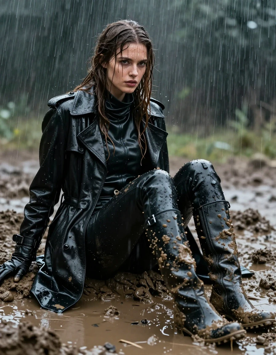 A photorealistic medium shot of a young adult European woman with long, dripping wet brown hair, sitting in a mud pit during a heavy downpour. She is wearing a black leather polar neck shirt, a long black leather trench coat, and matching black leather gloves. Her legs are clad in black leather jeans, which are heavily coated in thick mud and saturated with rainwater, displaying deep glossy sheens and clinging to her form. She wears black leather knee-high boots that are caked in mud. Her skin is wet, glistening, and streaked with mud, with water cascading down her face and clothing. The atmosphere is dark and stormy, with heavy rain falling throughout the scene, creating a sense of damp, heavy fabric and wet, slick surfaces. The lighting is moody and cinematic, highlighting the reflective wet textures of the leather and the viscous quality of the mud. High-detail, sharp focus on the textures of the soaked leather and the muddy environment. The image is strictly non-nude, featuring a fully clothed subject.