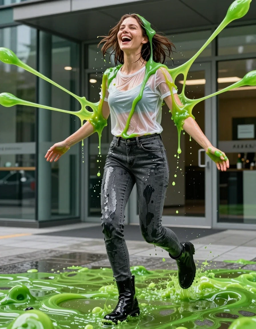 Cinematic wide shot of a young adult European woman at a modern glass building TV studio entrance, caught mid-stride as she is suddenly hit from all directions by multiple jets of thick, viscous, bright green slime. She is wearing a crisp white mesh top, completely drenched and translucent, clinging to her skin with heavy wet texture. She wears skinny charcoal grey jeans, soaking-wet grey denim jeans, water-saturated heavyweight denim, grey changed to deep charcoal and dark slate, substantially darker unevenly soaked patches, absorbed water, heavy wet folds, visible weave and stitching, and strong glossy specular reflections on the raised weave, seams, and creases. She wears polished black high boots. The slime clings to her wet mesh top and grey skinny jeans, sliding down her hair and skin, creating a glistening, high-viscosity sheen. She reacts with a spontaneous, genuine laugh, tilting her head back. Professional studio lighting reflects off the glistening slime and wet surfaces. High-angle cinematic framing, 8k resolution, vibrant natural light, detailed fabric textures, realistic street photography style, wet skin and hair, heavy liquid splattering, droplets splashing off shoulders.