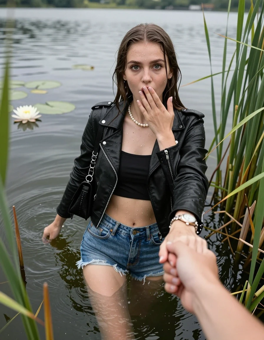 photo of young woman, in soaking wet, drenched clothes,
, sexy mini jeans short, black biker leatherjacket, tight sexy longsleeve crop top with wide neckline belly free, handbag, pearl necklace, bracelet, wristwatch, Emerging after diving in a lake with water lilies and reeds, 
enjoying, wet clothes stuck to body,
detailed textures of the wet clothes, wet face, wet plastered hair,
wet, drenched, professional, high-quality details, full body view.
sharp focus, ultra-high pixel detail, realistic, high-quality, full colors, incredibly detailed, 4k, 8k, 16k, hyper-realistic, RAW photo, masterpiece, ultra-detailed, professionally color graded, professional photograph, Sleek long straight hair

15 years old  teenage girl

open mouth, big eyes. 0ne hand over her mouth, hold with the other the female viewer's hand, pulling them toward the center of the water. Laying her breast and arms on the surface.  Whole body and shoulders are submerged under the surface. Looking up at camera. open mouth , big eyes

she is completely underwater up to her neck, afraid and astonished expression.

She hides in the reeds.

her submerged clothes are hardly vusible under water, she soaked her handbag into the water

close up view, wet skin, wet clothes, wet hair, damp fabric, water runs down the clothes, wet skin, wet clothes, damp fabric, wet skin, wet clothes, damp fabric, wet skin, wet clothes, damp fabric, wet skin, wet clothes, damp fabric, wet skin, wet clothes, damp fabric, wet skin, wet clothes, damp fabric, wet skin, wet clothes, damp fabric, wet skin, wet clothes, damp fabric, wet skin, wet clothes, damp fabric, wet skin, wet clothes, damp fabric, wet skin, wet clothes, damp fabric, wet skin, wet clothes, damp fabric, wet skin, wet clothes, damp fabric, wet skin, wet clothes, damp fabric, wet skin, wet clothes, damp fabric, wet skin, wet clothes, damp fabric, wet skin, wet clothes, damp fabric, wet skin, wet clothes, damp fabric, wet skin, wet clothes, damp fabric, wet skin, wet clothes, damp fabric, wet skin, wet clothes, damp fabric, wet skin, wet clothes, damp fabric