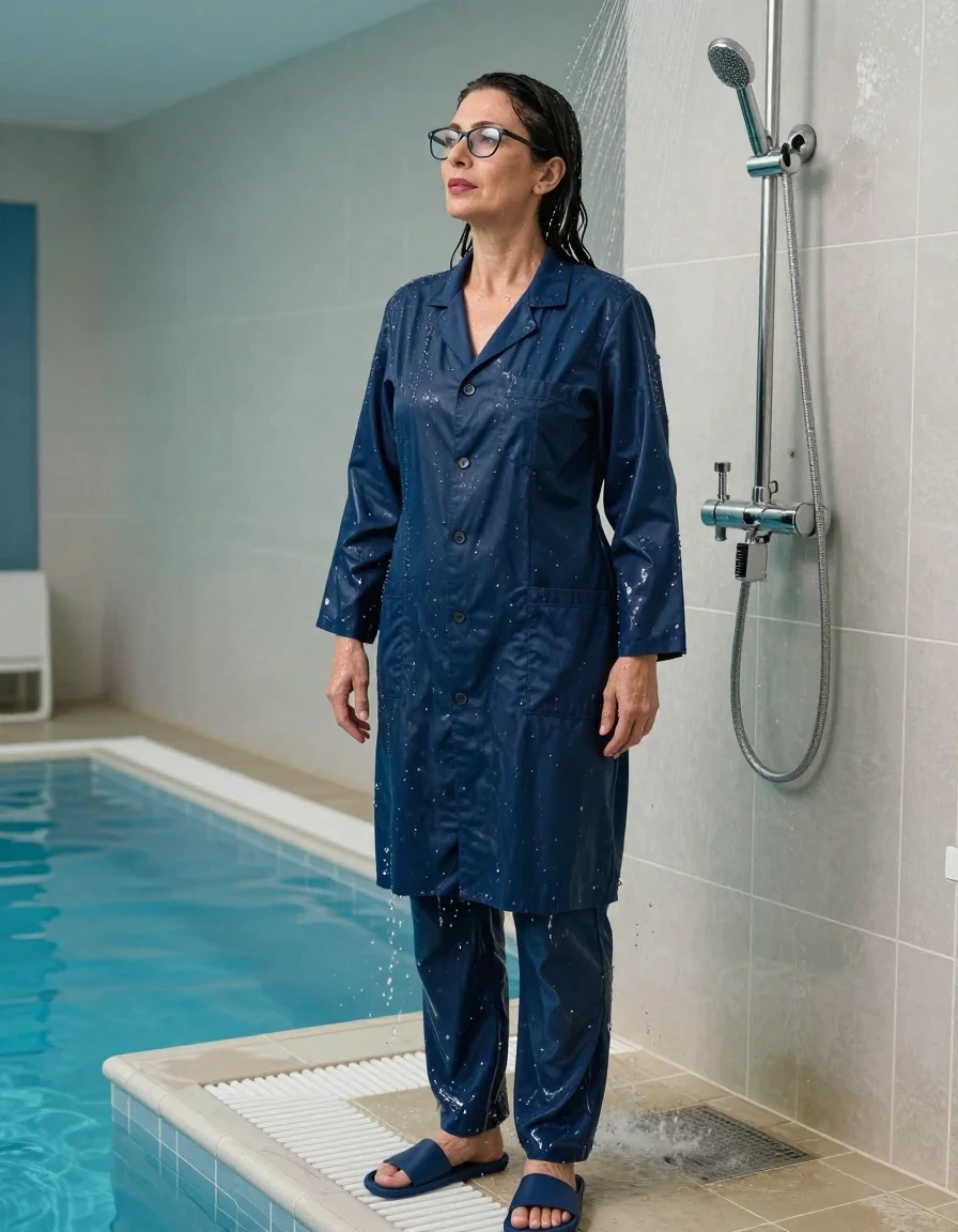 photo of young woman, in soaking wet, drenched clothes,
slippers, long blue labtrousers, maxi dark blue labcoat with long sleeves, TAKING SHOWER, indoor swimming pool, enjoying wet clothes stuck body, 
enjoying, wet clothes stuck to body,
detailed textures of the wet clothes, wet face, wet plastered hair,
wet, drenched, professional, high-quality details, full body view.
sharp focus, ultra-high pixel detail, realistic, high-quality, full colors, incredibly detailed, 4k, 8k, 16k, hyper-realistic, RAW photo, masterpiece, ultra-detailed, professionally color graded, professional photograph, europen brunette skinny woman 50 years old, long dark black hair, very big and thick lips,  office glasses, complete body, wet skin, wet clothes, damp fabric, wet skin, wet clothes, damp fabric, wet skin, wet clothes, damp fabric, wet skin, wet clothes, damp fabric, wet skin, wet clothes, damp fabric