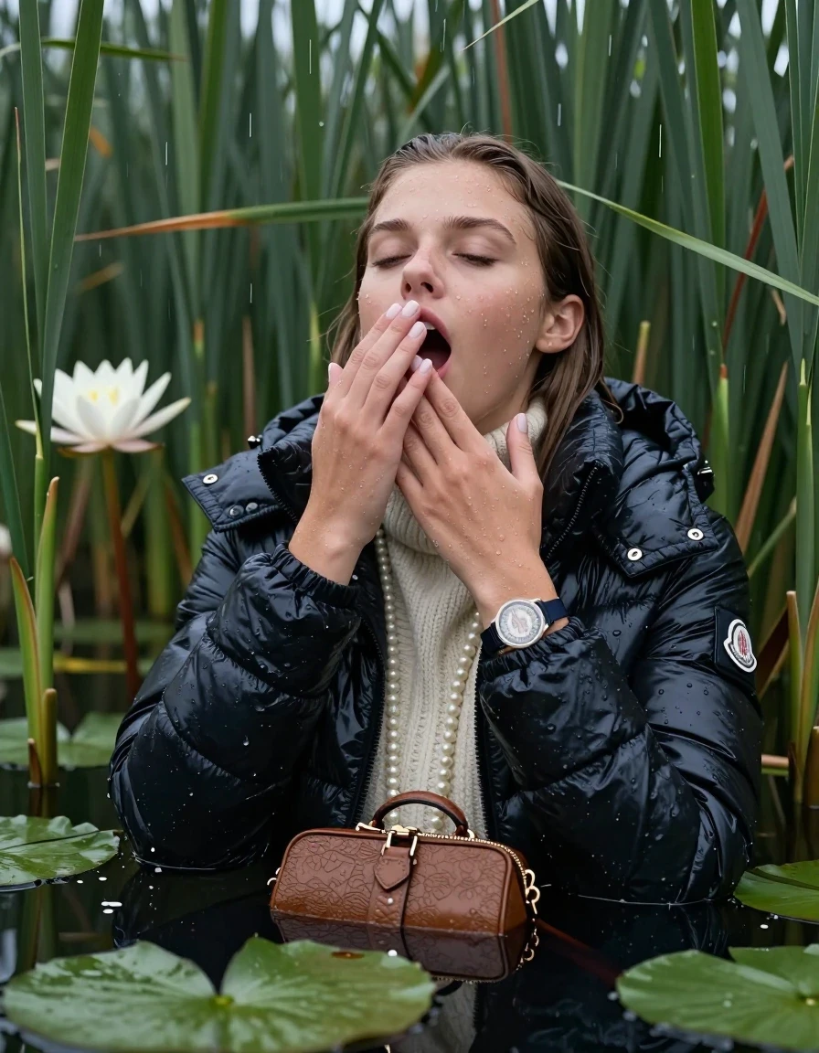 photo of young woman, in soaking wet, drenched clothes,
, , Moncler shiny Puffer down jacket,  knit turtleneck sweater, handbag, pearl necklace, bracelet, wristwatch , Emerging after diving in a lake with water lilies and reeds, rain , 
enjoying, wet clothes stuck to body,
detailed textures of the wet clothes, wet face, wet plastered hair,
wet, drenched, professional, high-quality details, full body view.
sharp focus, ultra-high pixel detail, realistic, high-quality, full colors, incredibly detailed, 4k, 8k, 16k, hyper-realistic, RAW photo, masterpiece, ultra-detailed, professionally color graded, professional photograph, Sleek long straight hair 

19 years old  teenage girl

open mouth, big eyes, hold one hand on her mouth, the other hand between her bouche .  Laying her breast on the surface.  Looking up. Closed eyes.

she is completely underwater up to her neck, horny  and sexuell aroused expression. Has an orgasm.

She hides in the reeds and is surprised by spectators

her submerged clothes are hardly vusible under water, she soaked her handbag into the water

close up view, wet skin, wet clothes, wet hair, damp fabric, water runs down the clothes, wet skin, wet clothes, damp fabric, wet skin, wet clothes, damp fabric, wet skin, wet clothes, damp fabric, wet skin, wet clothes, damp fabric, wet skin, wet clothes, damp fabric, wet skin, wet clothes, damp fabric, wet skin, wet clothes, damp fabric, wet skin, wet clothes, damp fabric, wet skin, wet clothes, damp fabric, wet skin, wet clothes, damp fabric, wet skin, wet clothes, damp fabric, wet skin, wet clothes, damp fabric, wet skin, wet clothes, damp fabric, wet skin, wet clothes, damp fabric, wet skin, wet clothes, damp fabric, wet skin, wet clothes, damp fabric, wet skin, wet clothes, damp fabric