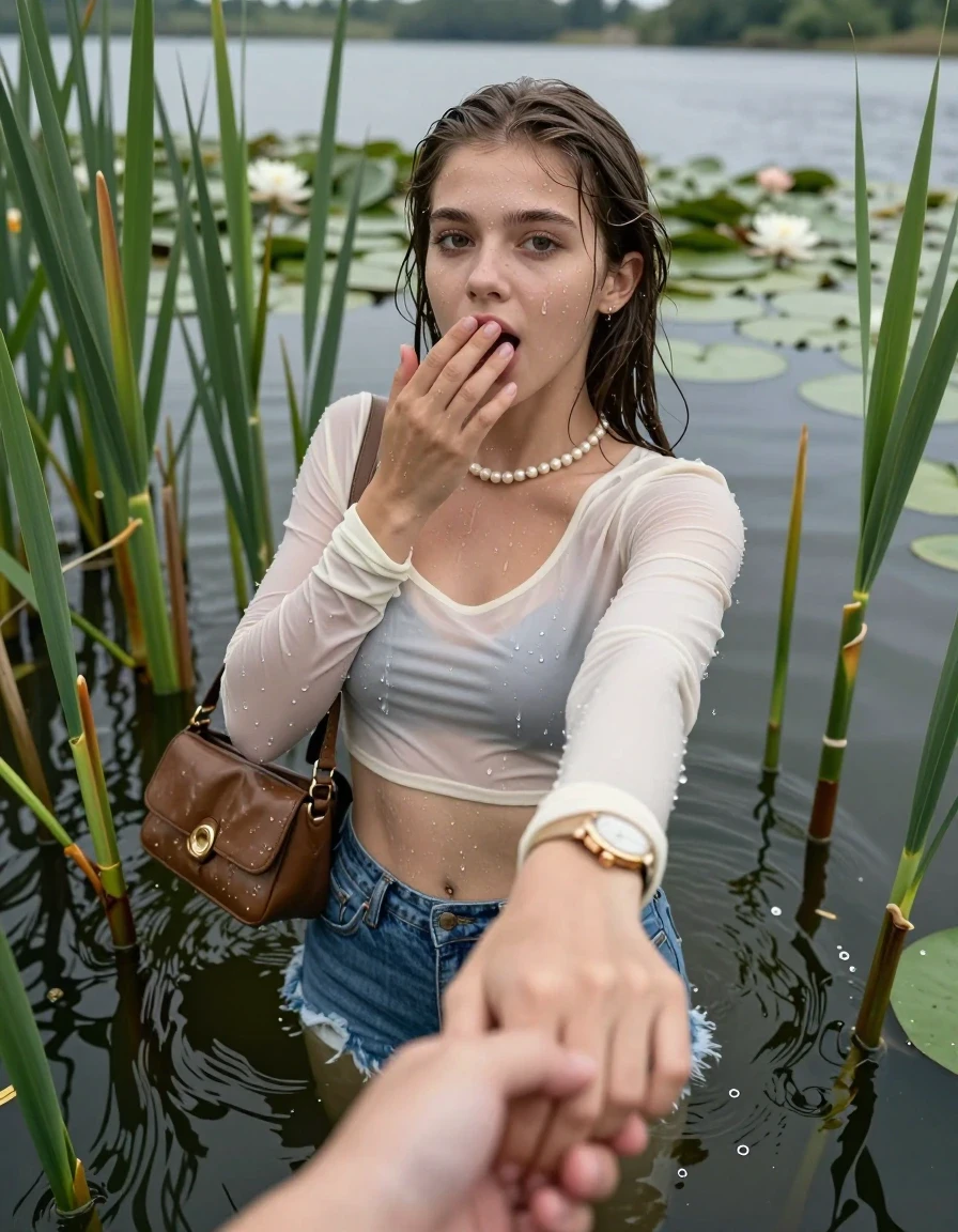 photo of young woman, in soaking wet, drenched clothes,
, sexy mini jeans short, tight sexy longsleeve crop top with wide neckline belly free, handbag, pearl necklace, bracelet, wristwatch, Emerging after diving in a lake with water lilies and reeds, 
enjoying, wet clothes stuck to body,
detailed textures of the wet clothes, wet face, wet plastered hair,
wet, drenched, professional, high-quality details, full body view.
sharp focus, ultra-high pixel detail, realistic, high-quality, full colors, incredibly detailed, 4k, 8k, 16k, hyper-realistic, RAW photo, masterpiece, ultra-detailed, professionally color graded, professional photograph, Sleek long straight hair

15 years old  teenage girl

open mouth, big eyes. 0ne hand over her mouth, hold with the other the viewer's hand, pulling them toward the center of the water. Laying her breast and arms on the surface.  Whole body and shoulders are submerged under the surface. Looking up at camera.

she is completely underwater up to her neck,  horny and sexuell aroused expression.

She hides in the reeds.

her submerged clothes are hardly vusible under water, she soaked her handbag into the water

close up view, wet skin, wet clothes, wet hair, damp fabric, water runs down the clothes, wet skin, wet clothes, damp fabric, wet skin, wet clothes, damp fabric, wet skin, wet clothes, damp fabric, wet skin, wet clothes, damp fabric, wet skin, wet clothes, damp fabric, wet skin, wet clothes, damp fabric, wet skin, wet clothes, damp fabric, wet skin, wet clothes, damp fabric, wet skin, wet clothes, damp fabric, wet skin, wet clothes, damp fabric, wet skin, wet clothes, damp fabric, wet skin, wet clothes, damp fabric, wet skin, wet clothes, damp fabric, wet skin, wet clothes, damp fabric, wet skin, wet clothes, damp fabric, wet skin, wet clothes, damp fabric, wet skin, wet clothes, damp fabric, wet skin, wet clothes, damp fabric, wet skin, wet clothes, damp fabric, wet skin, wet clothes, damp fabric
