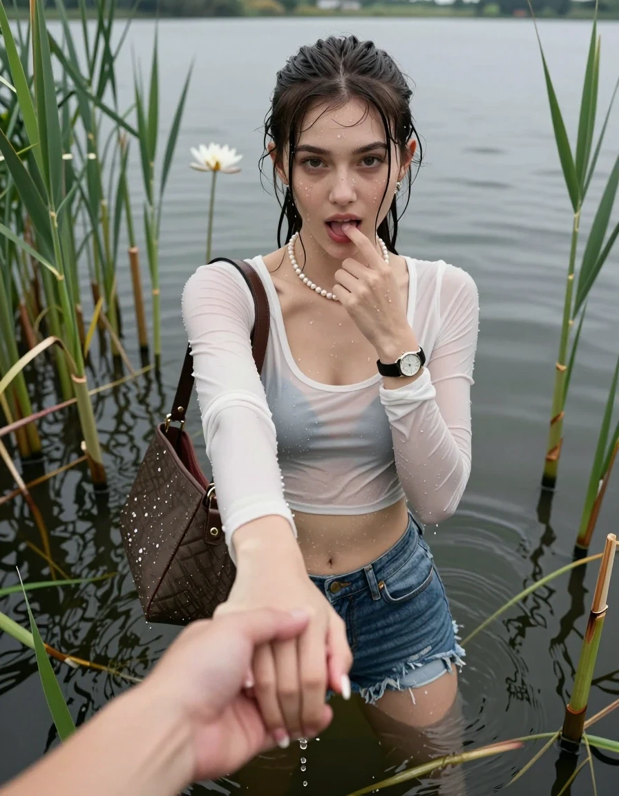 photo of young woman, in soaking wet, drenched clothes,
, sexy mini jeans short, winter parka, tight sexy longsleeve crop top with wide neckline belly free, handbag, pearl necklace, bracelet, wristwatch, Emerging after diving in a lake with water lilies and reeds, 
enjoying, wet clothes stuck to body,
detailed textures of the wet clothes, wet face, wet plastered hair,
wet, drenched, professional, high-quality details, full body view.
sharp focus, ultra-high pixel detail, realistic, high-quality, full colors, incredibly detailed, 4k, 8k, 16k, hyper-realistic, RAW photo, masterpiece, ultra-detailed, professionally color graded, professional photograph, Sleek long ponytail with bangs

15 years old  teenage girl

open mouth, big eyes. 0ne hand with a finger at her tongue  inside her mouth, hold with the other the viewer's hand, pulling them toward the center of the water. Laying her breast and arms on the surface.  Whole body and shoulders are submerged under the surface. Looking up at camera.

she is completely underwater up to her neck,  horny and sexuell aroused expression.

She hides in the reeds.

her submerged clothes are hardly vusible under water, she soaked her handbag into the water

close up view, wet skin, wet clothes, wet hair, damp fabric, water runs down the clothes, wet skin, wet clothes, damp fabric, wet skin, wet clothes, damp fabric, wet skin, wet clothes, damp fabric, wet skin, wet clothes, damp fabric, wet skin, wet clothes, damp fabric, wet skin, wet clothes, damp fabric, wet skin, wet clothes, damp fabric, wet skin, wet clothes, damp fabric, wet skin, wet clothes, damp fabric, wet skin, wet clothes, damp fabric, wet skin, wet clothes, damp fabric, wet skin, wet clothes, damp fabric, wet skin, wet clothes, damp fabric, wet skin, wet clothes, damp fabric, wet skin, wet clothes, damp fabric, wet skin, wet clothes, damp fabric, wet skin, wet clothes, damp fabric, wet skin, wet clothes, damp fabric, wet skin, wet clothes, damp fabric, wet skin, wet clothes, damp fabric, wet skin, wet clothes, damp fabric, wet skin, wet clothes, damp fabric